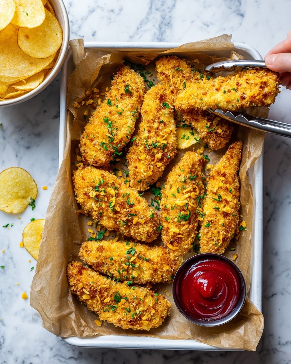 A metal rectangular tray lined with light brown parchment paper holds nine crispy golden-brown chicken tenders scattered across the surface. Small bright green herb flakes are sprinkled over the tenders, and some crushed orange chips are scattered around them. In the top left corner, a small white bowl lined with white paper napkin is filled with the same bright orange chips. At the bottom right corner of the tray, there is a small round container of red dipping sauce. A woman's hand with metal tongs holds one chip above the bowl. The tray is set on a white marbled surface. Photo taken with an iphone --ar 4:5 --v 7