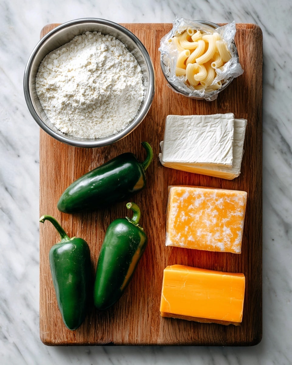 The image shows an overhead view of various ingredients neatly arranged on a wooden cutting board placed on a white marbled surface. On the left side, there are two silver metal bowls stacked, the top one filled with uncooked elbow macaroni pasta. On the right side, there are four cheese blocks placed vertically in a line, varying in colors from pale cream to orange and marbled orange-white. Between the pasta bowls and cheese blocks, three fresh green jalapeño peppers are laid out in a row. The overall color scheme is warm and natural with hints of green from the peppers. photo taken with an iphone --ar 4:5 --v 7