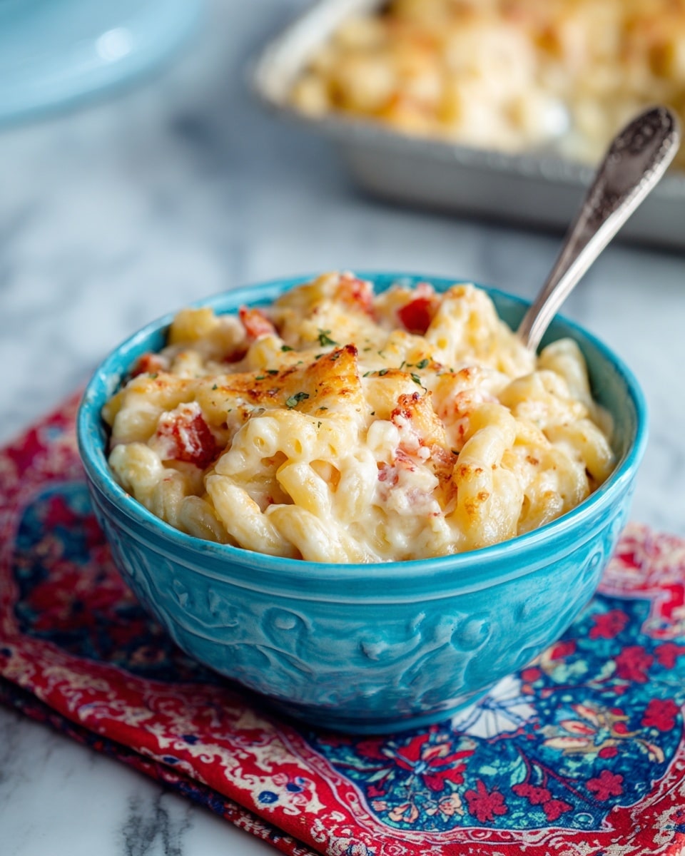 The image shows a close-up of a small bowl filled with creamy macaroni and cheese. The dish has two main layers: a bottom layer of smooth, pale yellow cheese sauce coating soft pasta pieces and a top layer of browned melted cheddar giving a slightly crispy texture. The bowl is white with blue vertical stripes and a spoon is dipped into the cheesy pasta. In the background, a silver baking dish filled with more macaroni and cheese is visible on a colorful cloth with red, white, blue, and yellow patterns, all resting on a white marbled surface. photo taken with an iphone --ar 4:5 --v 7