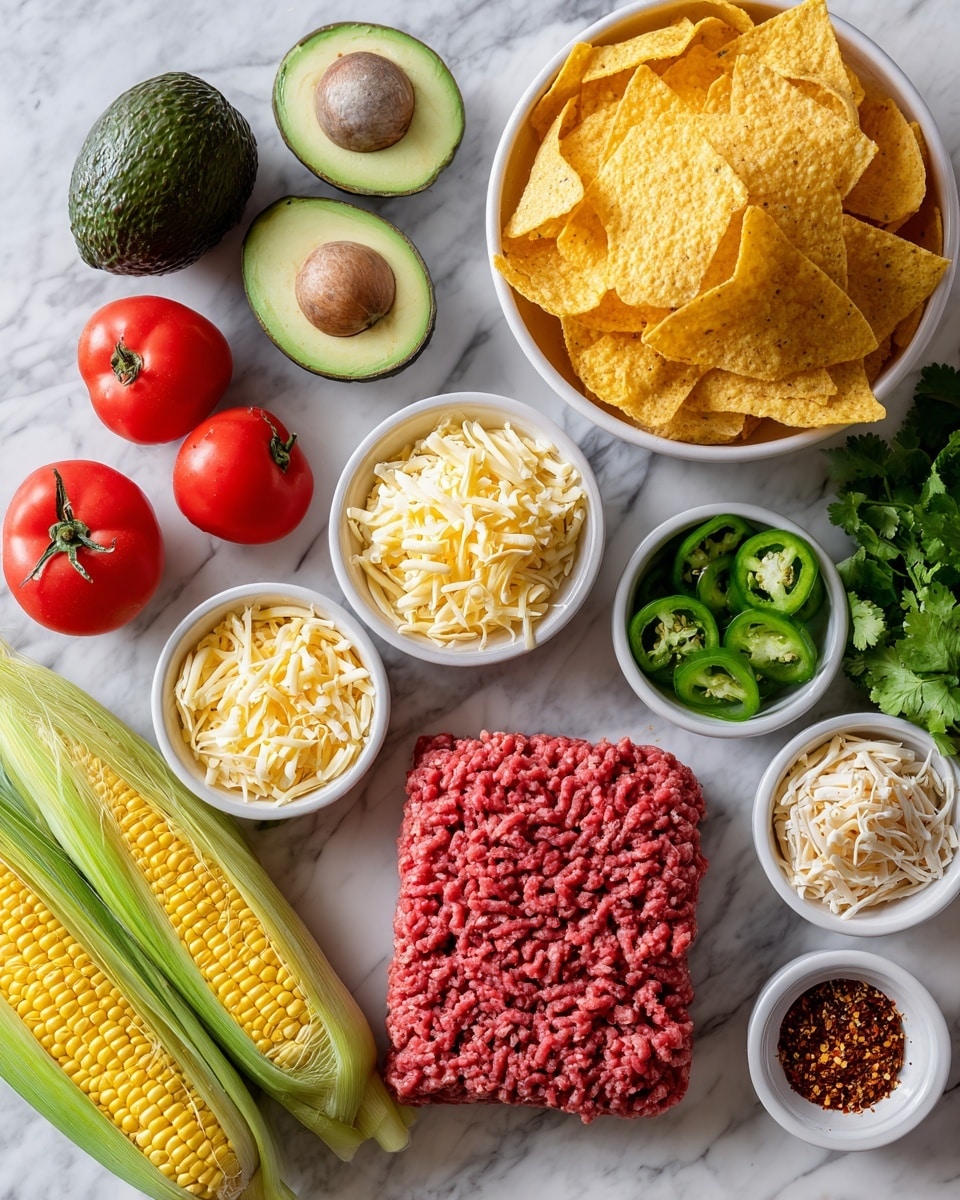 The image shows various fresh and prepared ingredients arranged neatly on a white marbled surface. There is a large white bowl filled with yellow corn tortilla chips placed on the right side. To the left of the bowl, there are two bright red tomatoes and two halved avocados with green flesh and brown seeds exposed. Below the avocados, there is a sliced lime and a small white bowl with green jalapeño slices. In the center, a rectangular portion of raw ground beef with a deep red color rests on white paper. To the bottom left, shredded pale yellow cheese is piled in a small wooden bowl, next to it is a small bunch of green cilantro leaves. Two half ears of corn with golden kernels and green husks are positioned on the bottom right. A few pieces of light brown waffle-cut fried chips are also placed near the cheese. Finally, a small blue bowl containing red spices sits beside the beef. photo taken with an iphone --ar 4:5 --v 7