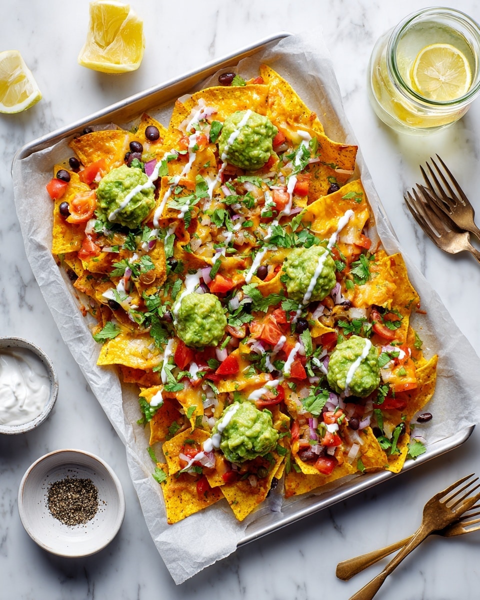 A white square baking tray on a white marbled surface holds one layer of golden yellow tortilla chips topped with a melted layer of light golden cheese and scattered black beans. On top, there is a layer of bright green chunky guacamole placed in three spots, mixed with diced red tomatoes and finely chopped onions creating a colorful red and white layer. A drizzle of white sour cream is spread unevenly across the nachos. Fresh green cilantro leaves are scattered around as a final touch. Around the tray, there is a striped cloth napkin, two vintage silver forks on the left, a white plate stacked with two more white plates on the right, two lemon wedges with green cilantro on the upper right, a glass of water on the left and another glass of water on the right, and a small white bowl with black pepper on the top of the tray. photo taken with an iphone --ar 4:5 --v 7