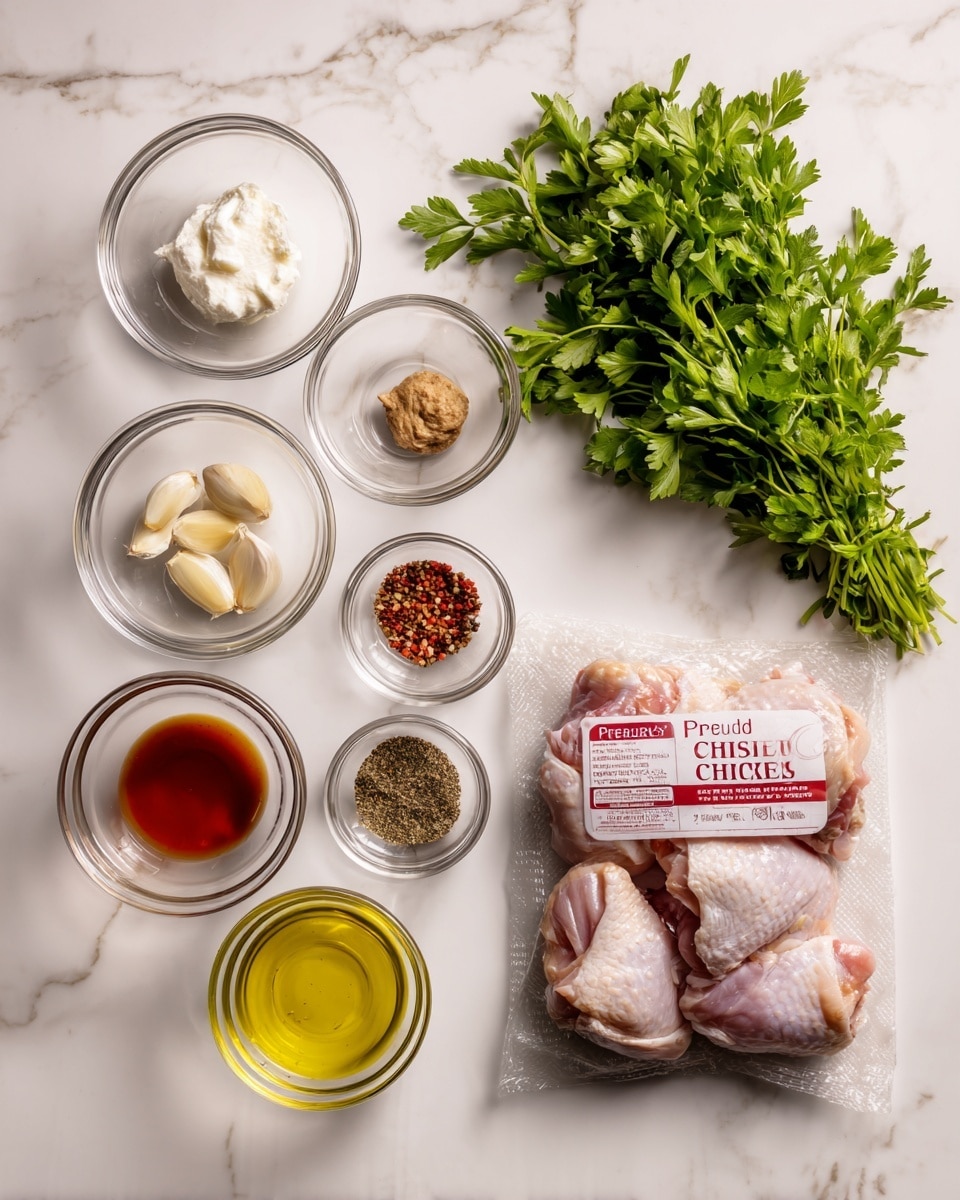 The image shows ingredients neatly arranged on a white marbled surface. On the right side, there are two bunches of fresh green parsley with visible stems. Next to it, towards the center, there is a clear plastic pack of raw chicken thighs with skin, showing a pale pink color. To the left, there are six small clear glass bowls, each with different contents: from top to bottom, the first bowl has a creamy white substance, the second holds three garlic cloves, the third contains a light brown sticky honey-like ingredient, the fourth has a red liquid, the fifth shows a yellow oil, and the sixth holds mixed spices in a pile with colors like brown, black, white, and green. The ingredients are spaced evenly in a tidy and organized manner. photo taken with an iphone --ar 4:5 --v 7
