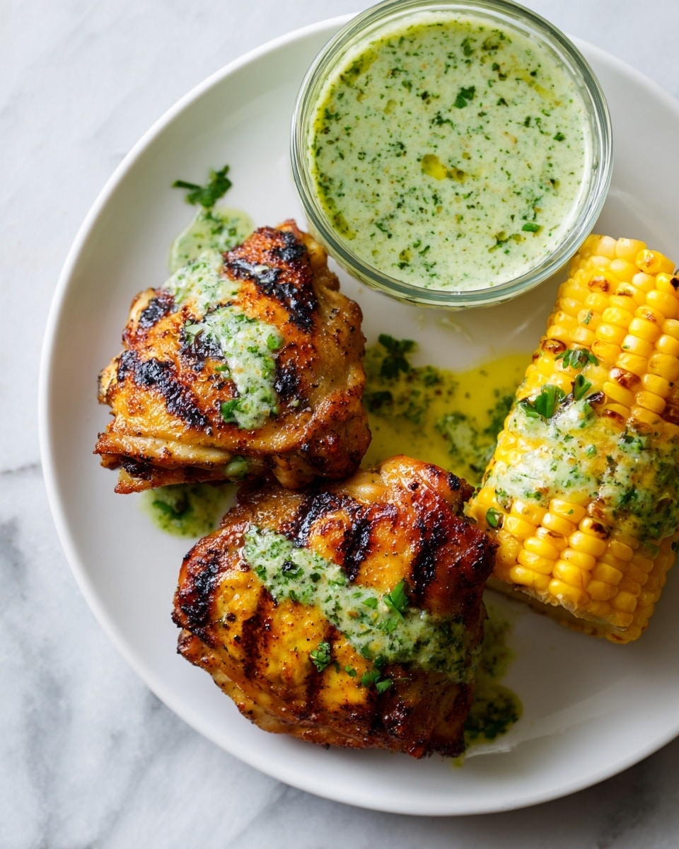 The image shows two pieces of grilled chicken thighs placed on a white plate with a white marbled texture background. The chicken has a golden brown color with char marks and is topped with a bright green herb sauce that looks oily and fresh. To the top right of the chicken, there is a small white bowl filled with the same green herb sauce, which has a textured surface full of small herb pieces. To the far right of the plate, a yellow grilled corn cob is partially visible, also topped with bits of the green sauce. The dish is vibrant with contrasting colors—brown, green, and yellow—giving an appetizing look. Photo taken with an iphone --ar 4:5 --v 7