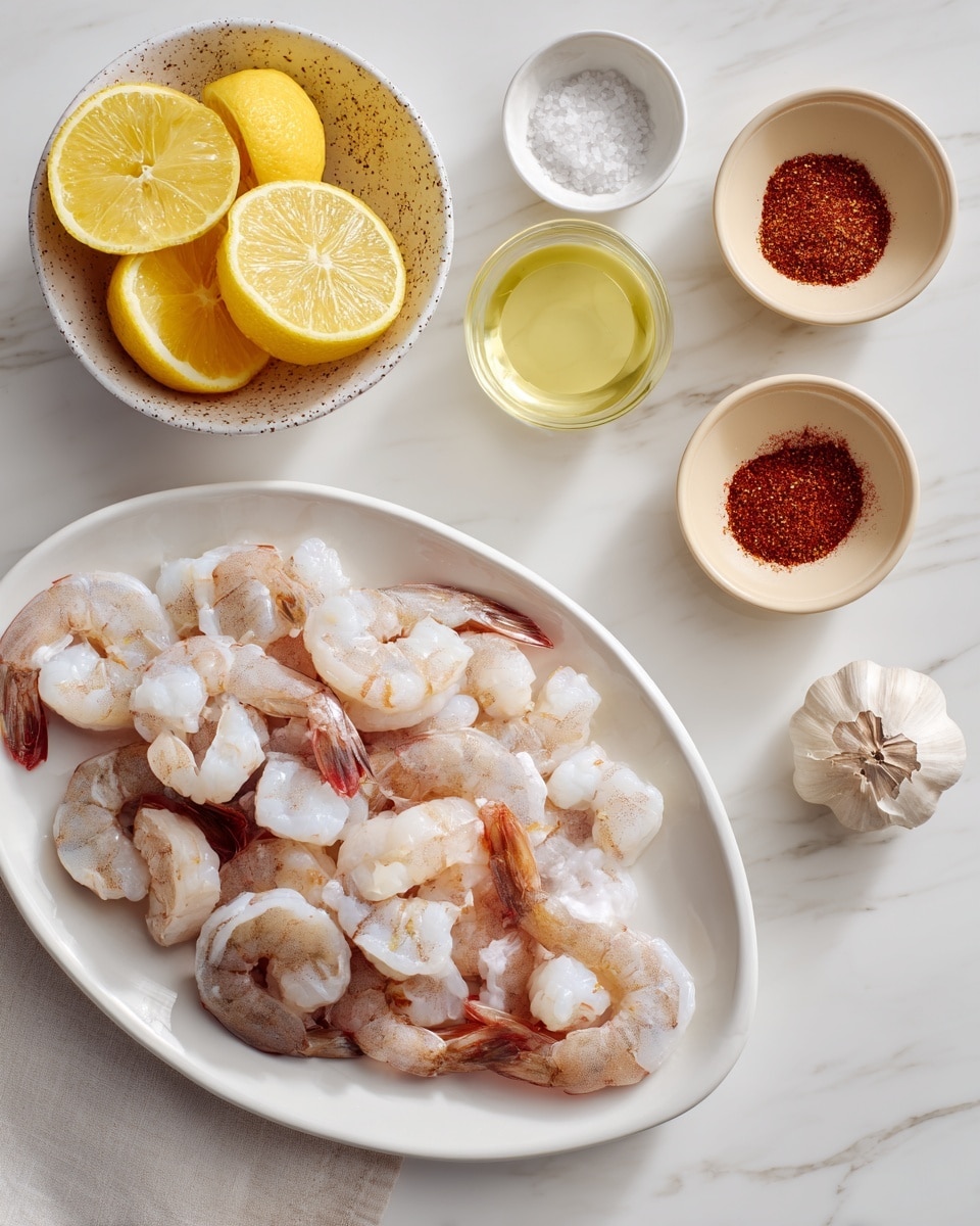 The image shows a large white oval plate filled with a single layer of raw shrimp with tails intact, their light gray and pinkish shells visible. To the left of the plate, six small white bowls are arranged on a white marbled surface, each containing different ingredients: lemon wedges in quarter pieces, a small amount of olive oil, a clear liquid, white coarse salt, and two types of reddish spices. There is also a single unpeeled garlic clove near these bowls. The overall scene is bright and clean, with all items placed neatly and evenly spaced. photo taken with an iphone --ar 4:5 --v 7