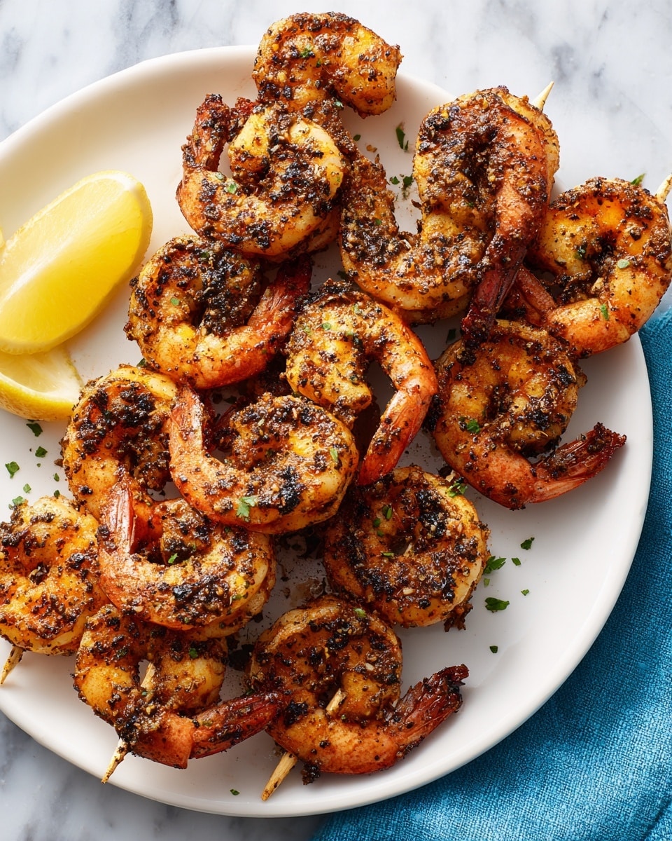A blue plate holds many grilled shrimp skewers stacked on top of each other, each shrimp showing a light pink color with charred black and brown grill marks and visible seasoning dots. The shrimp are curled with tails intact and a wedge of bright yellow lemon rests on the side of the plate. The plate sits on a white marbled textured surface with a light blue cloth partially visible nearby. Photo taken with an iphone --ar 4:5 --v 7