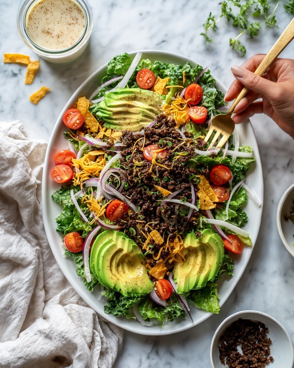 A white oval plate is filled with a vibrant salad showing several layers: the base is fresh green leafy lettuce and chopped kale, on top sits a generous layer of cooked dark brown seasoned ground meat. Scattered around are halved red cherry tomatoes and pale green avocado slices fanned out on the edges. White crunchy sticks, thinly sliced, are placed intermittently over the salad. Crushed pale yellow tortilla chips and light brown crumbly topping are sprinkled on the top, adding texture. Nearby, there is a small white bowl with extra meat and a white bowl with creamy light pink sauce with a woman's hand holding a gold fork beside it. The whole scene is set on a white marbled surface. Photo taken with an iphone --ar 4:5 --v 7