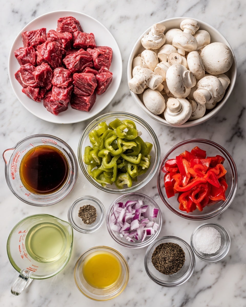 The image shows several white plates and clear glass bowls on a white marbled surface, each holding different ingredients for cooking. One white plate holds red chunks of raw beef, placed at the top left. To the right, there is a clear glass bowl filled with whole white mushrooms. At the bottom left, a clear glass bowl contains large pieces of green bell pepper, while a smaller clear glass bowl at the bottom right has slices of red bell pepper. Just below the beef, another clear glass bowl holds large purple onion pieces. In the center, two clear glass measuring cups contain dark brown soy sauce and light yellow oil, respectively. Small glass containers near the onion bowl hold crushed garlic, salt, black pepper, and a liquid that looks like vinegar. The overall layout is neat and organized for cooking preparation. Photo taken with an iphone --ar 4:5 --v 7