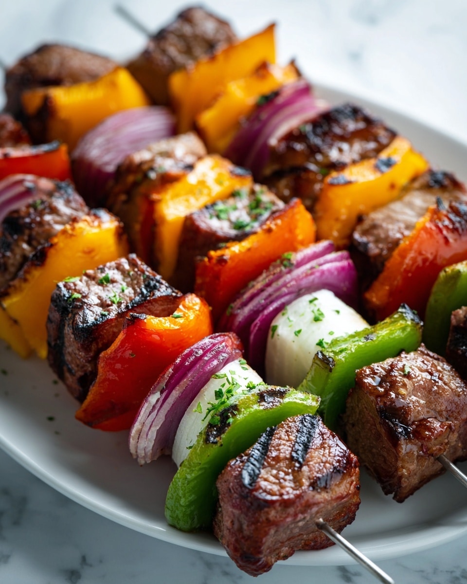 The image shows several skewers placed on a white plate over a white marbled surface, each skewer holding several layers: thick chunks of grilled brown meat with a textured, slightly charred surface, alternating with bright pieces of orange and red bell peppers, green bell peppers, and purple onion segments. The vegetables have a soft, slightly charred outer texture, appearing juicy and tender. The skewers alternate these layers closely packed, creating a colorful and appetizing visual. Photo taken with an iphone --ar 4:5 --v 7