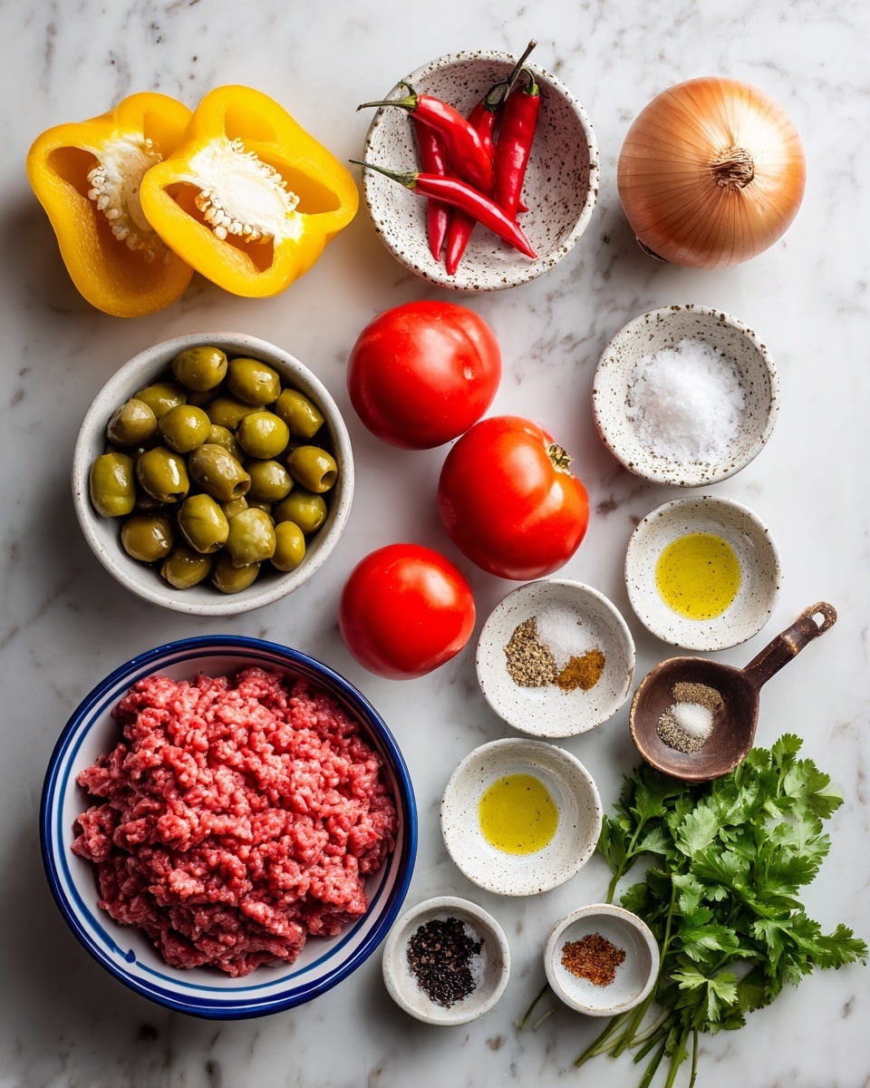 The image shows raw ingredients neatly arranged on a white marbled surface. In the top left corner, there are two yellow bell pepper halves with seeds inside. Next to them, a white bowl with black speckles holds four small red chili peppers. Below the peppers, another white bowl contains raw ground meat, pinkish-red in color, with visible texture. To the right of the meat, three bright red tomatoes are placed in a group. Above the tomatoes, there is a whole light brown onion and a white bowl filled with green olives, some stuffed with red pimento. Just below the tomatoes, there is a small white bowl with a golden yellow liquid, likely oil. Around these main bowls and vegetables, there are small piles and containers of white salt, black pepper, beige ground spice, fresh green cilantro, two garlic cloves, and dark raisin-like dried fruits on a wooden-handled spoon. The items are spread neatly, creating a colorful and fresh preparation scene. photo taken with an iphone --ar 4:5 --v 7