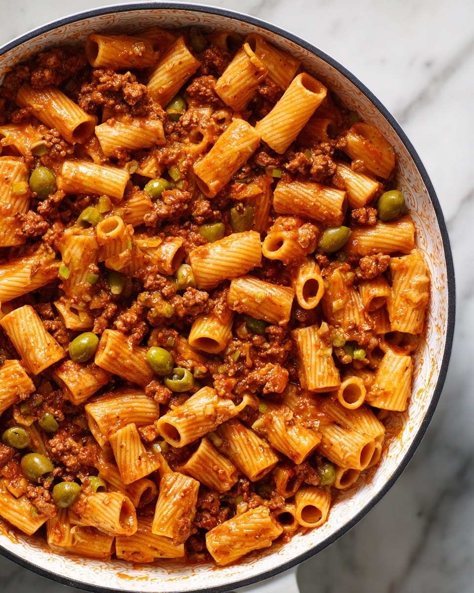 This dish shows a close-up of small tube-shaped pasta mixed with a reddish-brown meat sauce with tiny chunks of ground meat and pieces of green olives and small bits of tomato scattered throughout. The pasta pieces are firm and ridged, coated evenly in the sauce that looks thick and rich. The pasta and sauce fill most of the visible area of a white bowl with a small part of the bowl's edge visible, giving a clear view of the textured sauce blending with the pasta. The background and surface around the bowl are a white marbled texture. photo taken with an iphone --ar 4:5 --v 7