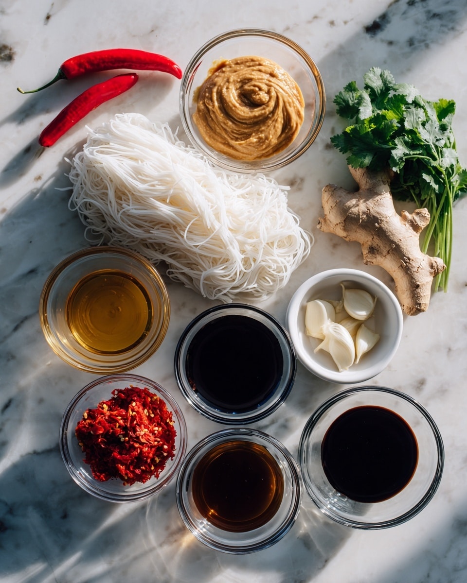 A flat lay of ingredients arranged neatly on a white marbled surface, including two fresh red chili peppers and a piece of light brown ginger in the top left, a bunch of bright green cilantro in the top right, and a bundle of uncooked white noodles crossing the center horizontally. There are several small white bowls and clear glass bowls filled with different colored sauces and pastes scattered evenly around the noodles: one bowl has a thick, light brown peanut butter-like paste, another contains a dark soy sauce, a smaller bowl holds a deep red chili paste, and others include light brown sugar, clear vinegar, amber oil, dark tamari sauce, and a few white garlic cloves in separate bowls. The overall look is clean and organized, with soft natural light casting gentle shadows. Photo taken with an iphone --ar 4:5 --v 7