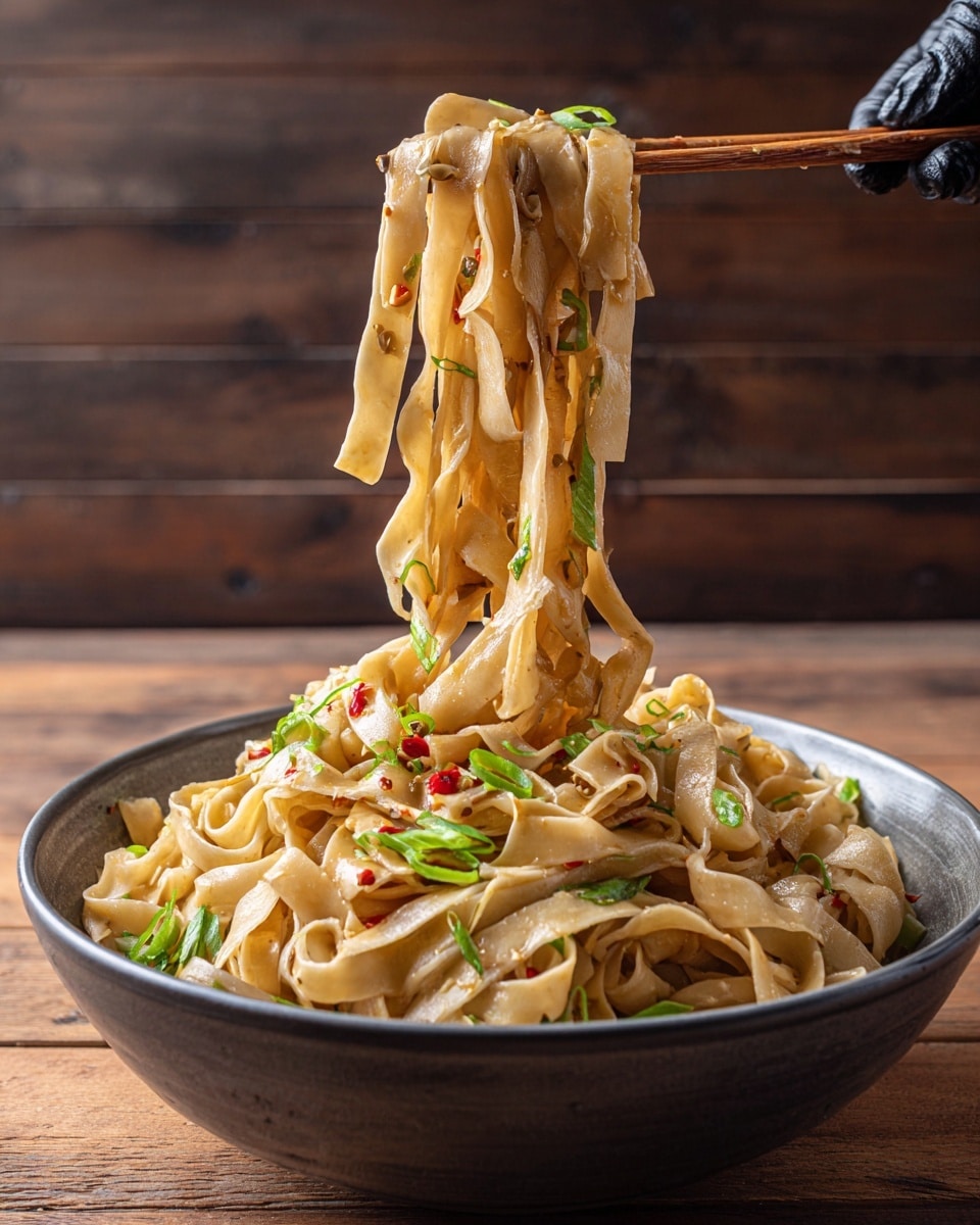 A dark bowl filled with flat, wide noodles tinted light golden, speckled with red chili flakes and small black seeds. Green onion slices are scattered evenly throughout the noodles, adding a fresh contrast to the warm colors. A woman's hand wearing a black glove holds wooden chopsticks lifting a bundle of noodles with green onion strips, creating a textured and layered effect. The bowl sits on a wooden surface with a smooth, dark wood background. photo taken with an iphone --ar 4:5 --v 7