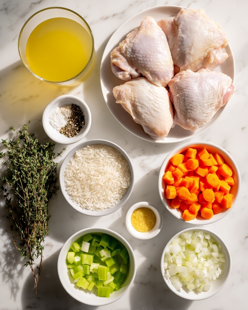 The image shows an overhead view of various ingredients arranged neatly on a white marbled surface. At the top right, there is a bowl with three raw chicken thighs, pale pink with visible skin texture. To the left, a tall glass container holds a light yellow broth. Below the chicken, a bowl filled with white raw rice grains sits centrally. Surrounding it are smaller bowls: one with chopped white onions to the right, one with minced garlic, and one with a mixture of salt and black pepper. A small cup with a dark liquid, likely soy sauce or vinegar, is placed near the rice bowl. Below these, a bowl contains bright orange diced carrots, and another holds chopped green celery pieces. Fresh green thyme sprigs lay on the bottom left. At the bottom right, another small bowl contains a yellowish mustard-like paste, while near it is a small cup with a light beige liquid and a tiny bowl filled with a dried herb mix. All the bowls are white, creating a clean, organized presentation. Photo taken with an iphone --ar 4:5 --v 7