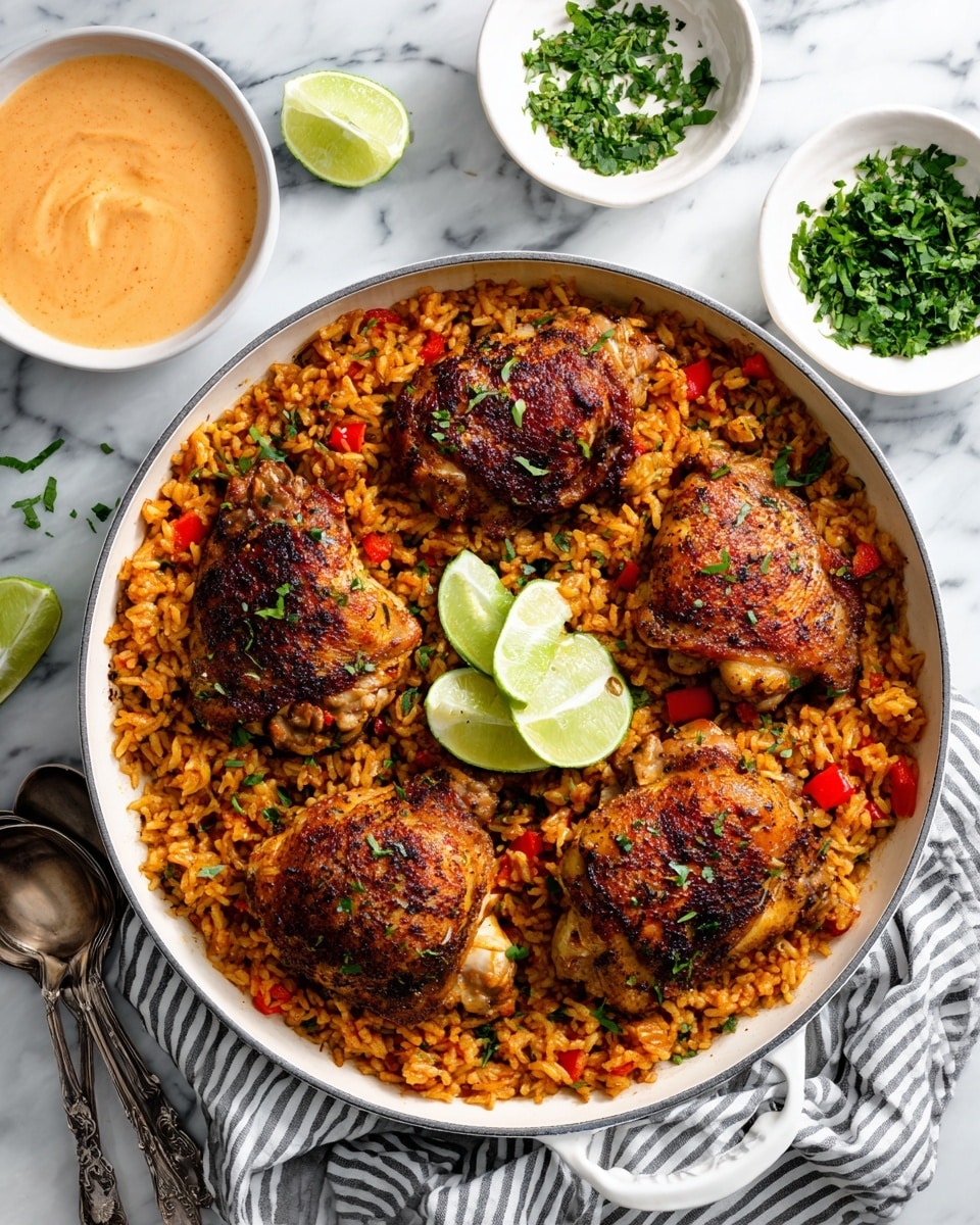 A large white pan filled with six dark, crispy chicken pieces arranged evenly on top of a bed of orange and red rice mixed with small green herbs and bits of vegetables. At the center of the pan, three lime wedges sit on the rice. Around the pan, there are small bowls with sauce and chopped green herbs, all set on a white marbled surface with a silver spoon and a striped cloth nearby. The overall scene shows a warm, hearty meal ready to be served, photo taken with an iphone --ar 4:5 --v 7