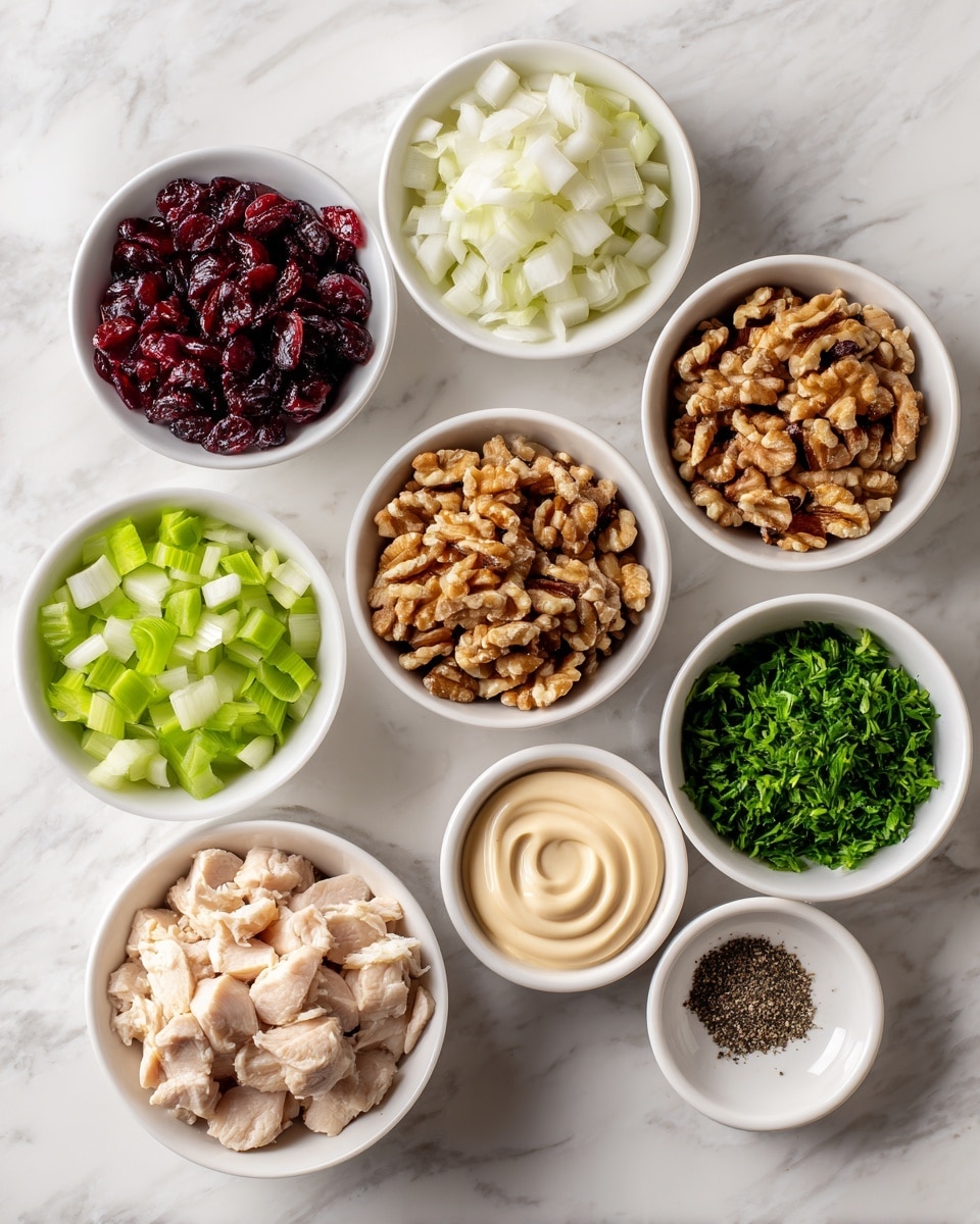The image shows eight white bowls arranged on a white marbled surface. The largest bowl at the bottom left contains small, light beige pieces of cooked chicken. Directly to the right is a smaller bowl filled with chopped walnuts, showing a brown and orange texture. Above the chicken is a bowl of chopped light green celery, and next to it on the right is a bowl with chopped white onions. Above the celery is a bowl with dried, dark red cranberries. To the right of the cranberries is a bowl filled with chopped green herbs. Next to the herbs is a small bowl with a dark brown powder, and below this is a bowl filled with a light peach colored creamy mixture. Finally, to the right of the creamy bowl is a small bowl of brown smooth mustard. photo taken with an iphone --ar 4:5 --v 7