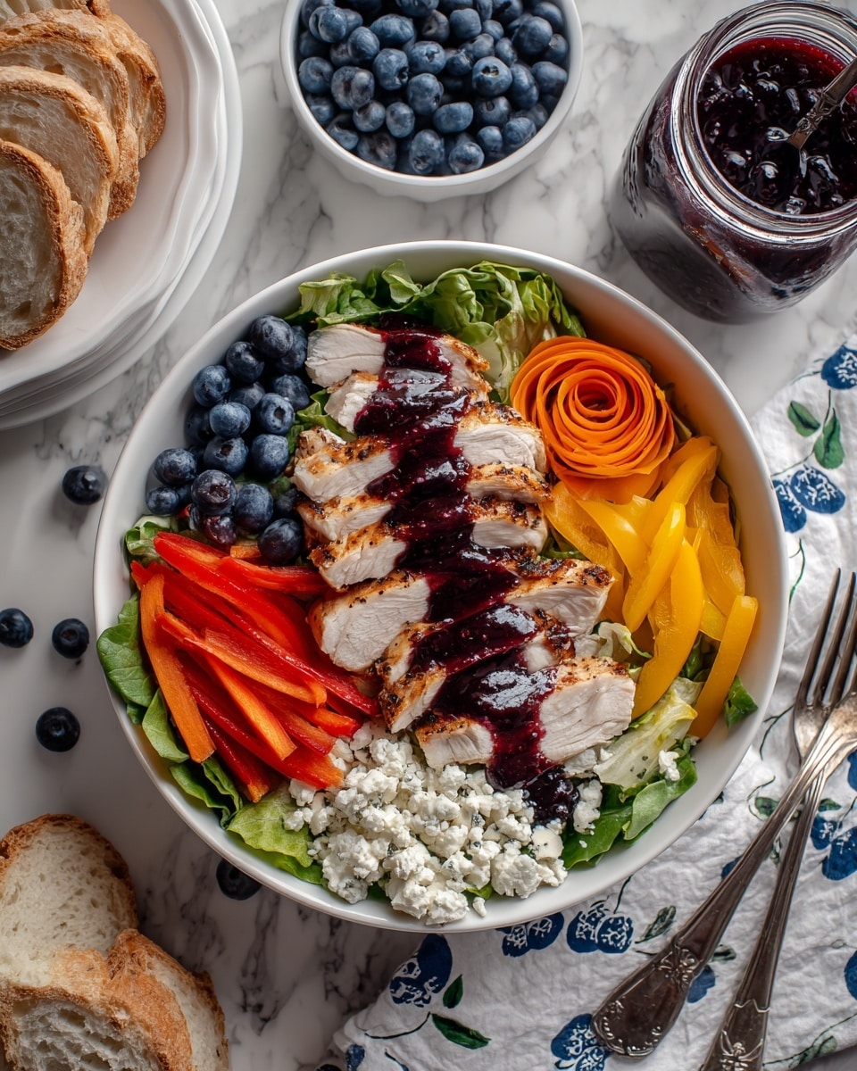 A white bowl filled with a colorful salad sits on a white marbled surface. The bottom layer is fresh green lettuce leaves spread evenly. On top, there are bright orange shredded carrots on the left side, and thin slices of red and yellow bell peppers on the right side. A small pile of fresh blueberries rests on the left part of the bowl. In the center and covering much of the salad, there are slices of cooked chicken with a light brown color, drizzled with a dark purple sauce. White crumbled cheese peeks from under the chicken near the bottom. Around the bowl, there is a folded white cloth with blue berry prints, a square white bowl filled with fresh blueberries, a small glass jar with purple sauce, a white plate stacked with white plates and silver forks on top, and a white bowl filled with sliced bread. A woman’s hand holding a silver fork and spoon appears at the bottom right of the image. The photo taken with an iphone --ar 4:5 --v 7