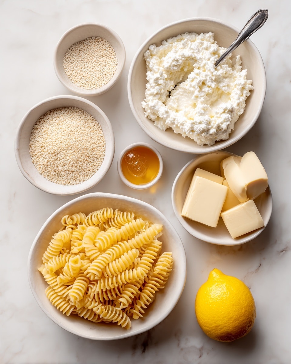 A white bowl filled with yellow cooked elbow macaroni pasta takes the bottom right corner of the image, showing smooth and slightly shiny texture. Above it, a medium white bowl holds fluffy white ricotta cheese with a spoon in it. To the left, a smaller white bowl contains small round grains, and below it, a tiny white plate has a few square pieces of pale yellow butter. Another small white bowl holds two peeled garlic cloves, sitting next to a tiny glass bowl of clear golden honey or syrup. A whole bright yellow lemon is placed near the bottom left corner on a white marbled surface. Photo taken with an iphone --ar 4:5 --v 7