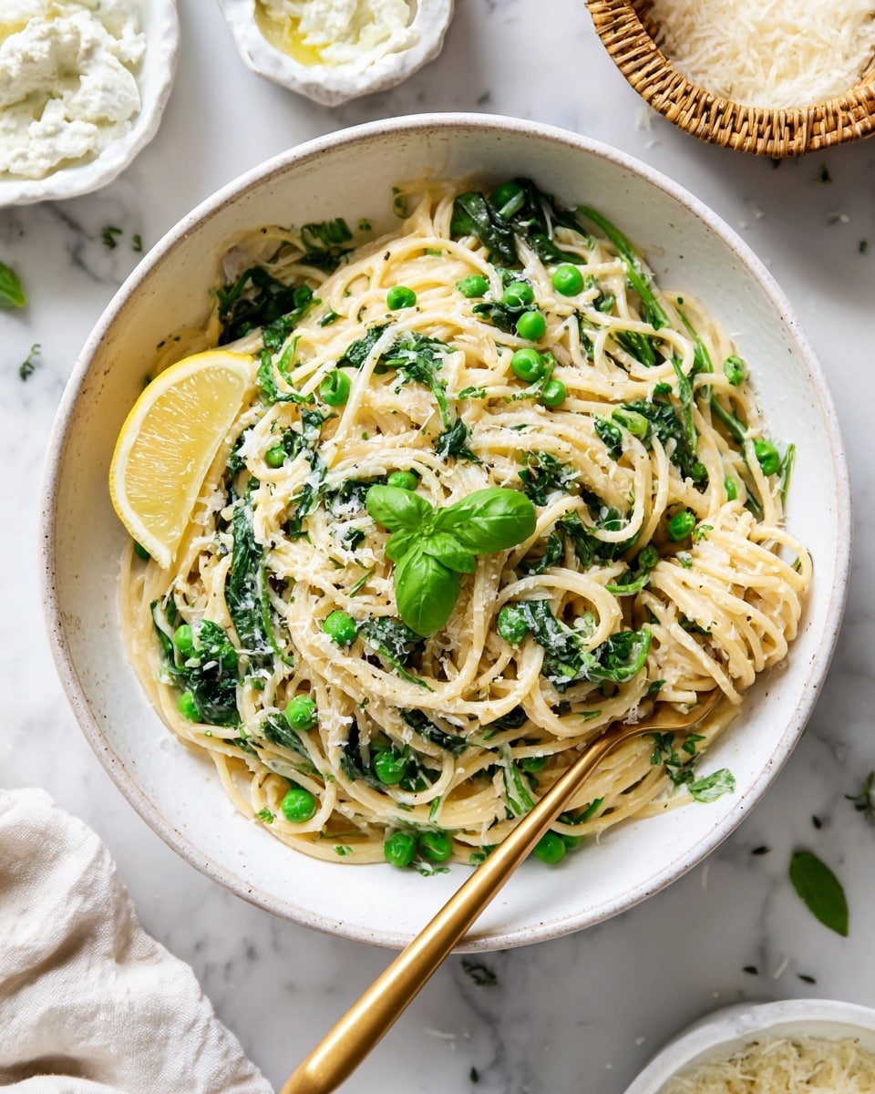 The image shows a beige plate filled with thick spaghetti mixed with green peas and wilted spinach, all coated in creamy white sauce. On the left edge of the plate, there is a bright yellow lemon wedge, and a small green basil leaf decorates the top of the pasta. A golden fork is poked into the spaghetti on the right side of the plate. Around the main plate, there are small white bowls containing crumbly white cheese, light sauce, and herbs arranged on a white marbled surface. The upper part of the image shows a second beige bowl filled with more pasta and greens. Photo taken with an iphone --ar 4:5 --v 7