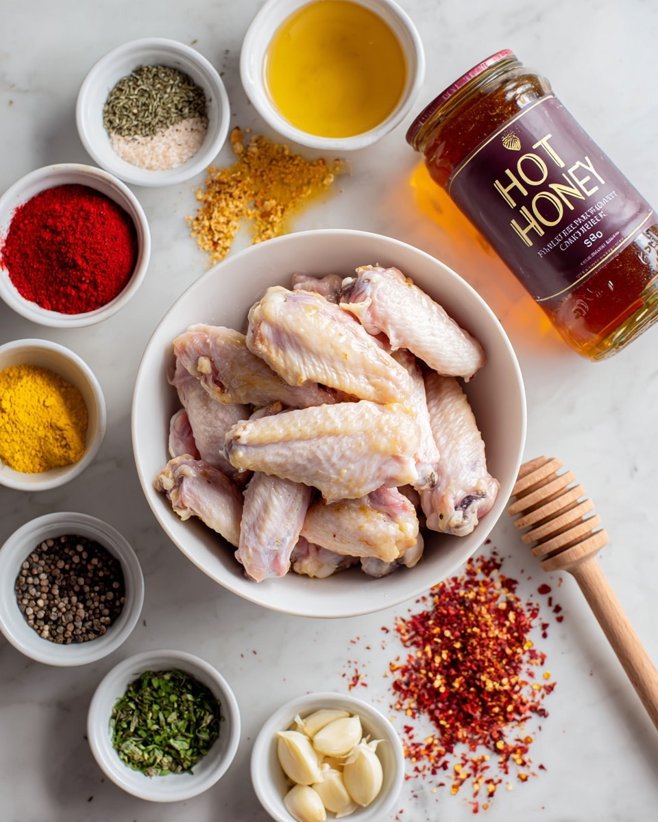 A white bowl filled with raw light pink chicken wings sits at the top left of the image, surrounded by small white bowls with various spices and sauces. There is a small bowl of dark soy sauce, a bowl of bright yellow mustard, a bowl of red chili powder, and a small dish with peeled garlic cloves. A jar labeled