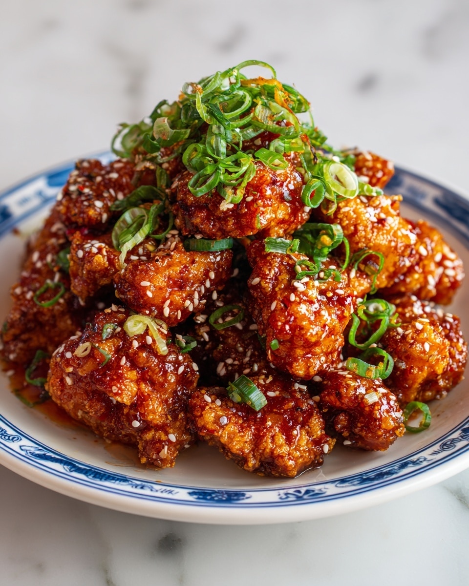 A white plate with a blue rim holds many small pieces of golden brown fried food covered in a sticky, shiny brown sauce. The pieces are topped with fresh, chopped green onions and sesame seeds scattered over the top. The texture looks crispy and a little sticky with a mix of dark and light browns. The plate sits on a white marbled surface photo taken with an iphone --ar 4:5 --v 7