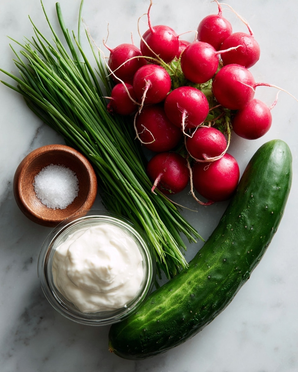The image shows a white marbled surface with fresh red radishes with green stems scattered in the center-left area. To the right of the radishes, there is a long, dark green cucumber. At the bottom left, there is a bunch of bright green chives lying flat. Near the chives, a small wooden bowl filled with white salt is placed. In the foreground, there is a transparent glass jug filled with thick white cream, slightly blurred. The layout is simple and clean with natural lighting highlighting the fresh vegetables and cream. Photo taken with an iphone --ar 4:5 --v 7