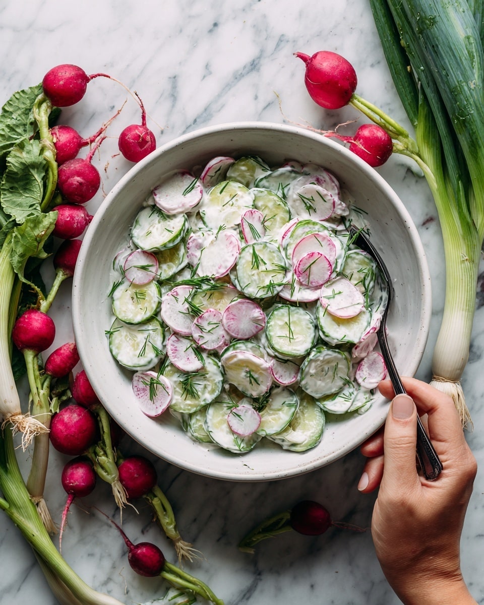 A white bowl filled with a fresh salad made of sliced cucumbers and radishes mixed with a creamy white dressing, garnished with chopped green onions and fresh herbs. The cucumbers have a light green color with a slightly bumpy texture, and the radishes are thinly sliced showing their bright pink-red edges and white centers. The bowl is placed on a white marbled surface, with some radishes and green onions scattered around it. A black spoon is inside the bowl, ready to serve. The photo taken with an iphone --ar 4:5 --v 7