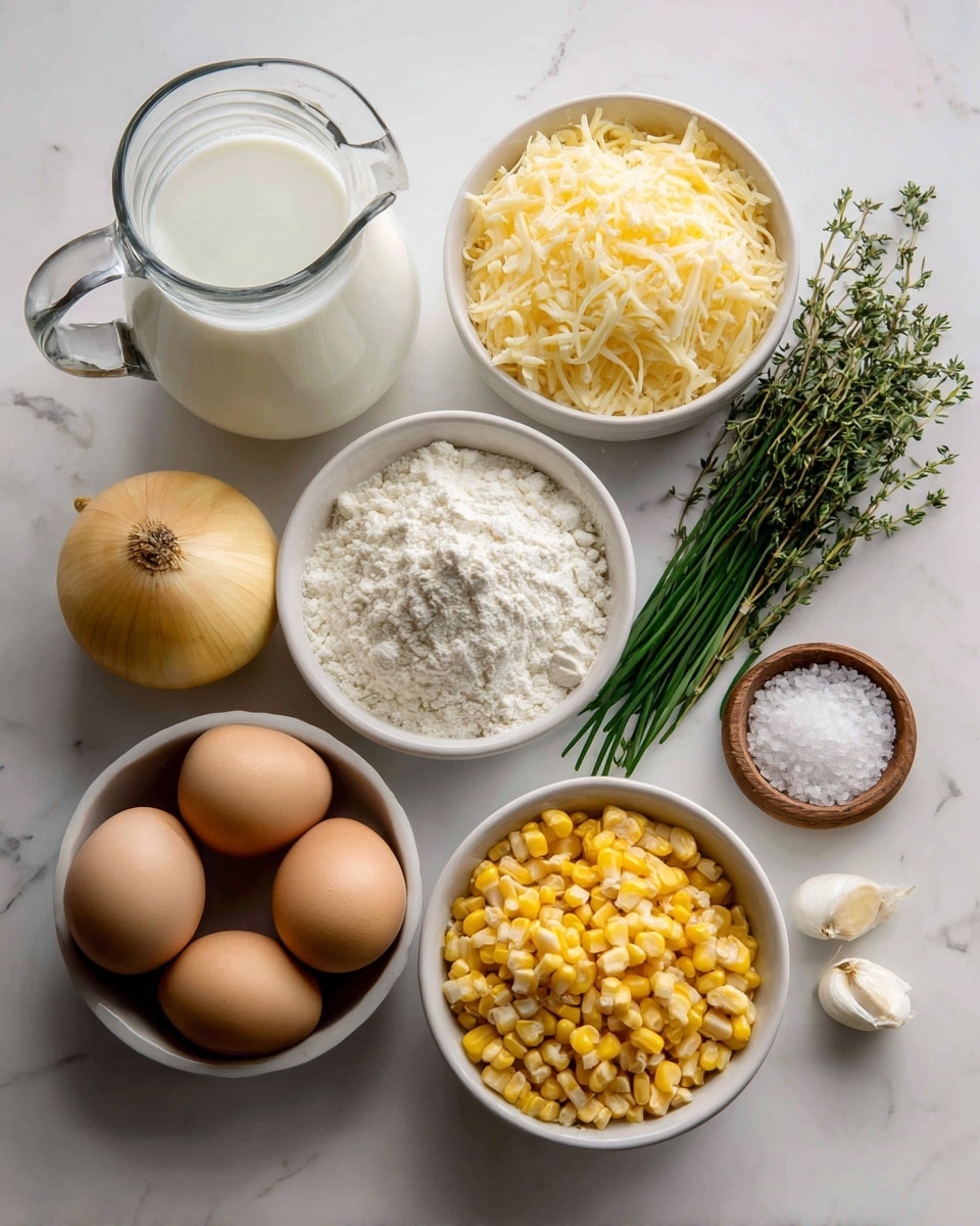 This image shows an overhead view of various cooking ingredients placed neatly on a wooden table with a white marbled texture in the background. There is a small white bowl filled with white flour on the top left, next to a larger white bowl of shredded pale yellow cheese. Nearby, a clear glass jug holds white milk. In the center, a small white bowl contains three brown eggs. Above this, there are fresh green chives and thyme sprigs placed horizontally. To the right, a round whole yellow onion with its roots is next to a white bowl filled with yellow and pale corn kernels. Finally, in the top right corner, a small round white bowl holds white salt. photo taken with an iphone --ar 4:5 --v 7