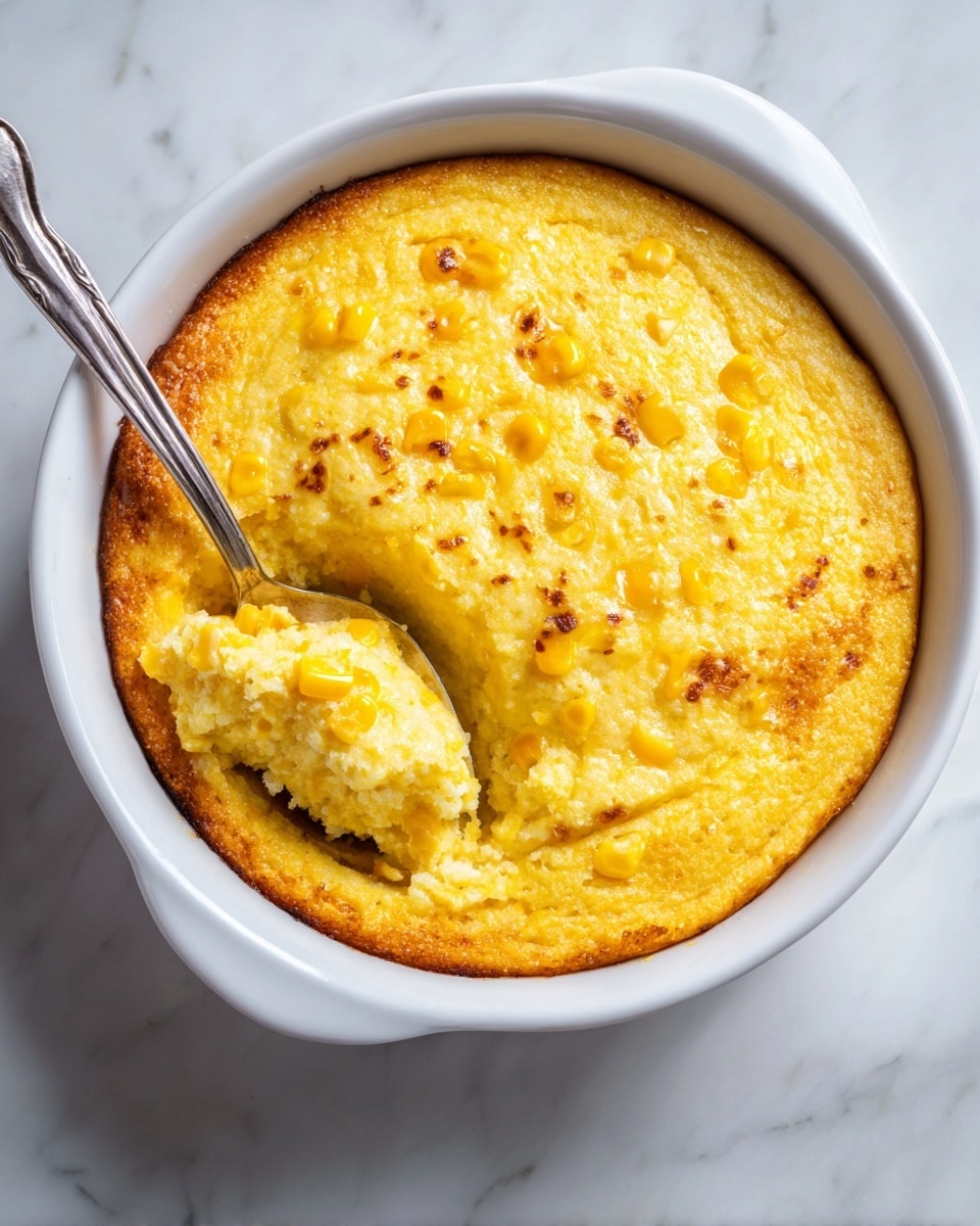 A white baking dish filled with creamy yellow corn pudding with a smooth, soft texture and a slightly browned top sprinkled with whole corn kernels. The pudding shows a scoop taken out, revealing a thick, velvety inner layer beneath the browned surface, with a silver spoon resting inside the cavity. The dish is placed on a white marbled surface. photo taken with an iphone --ar 4:5 --v 7