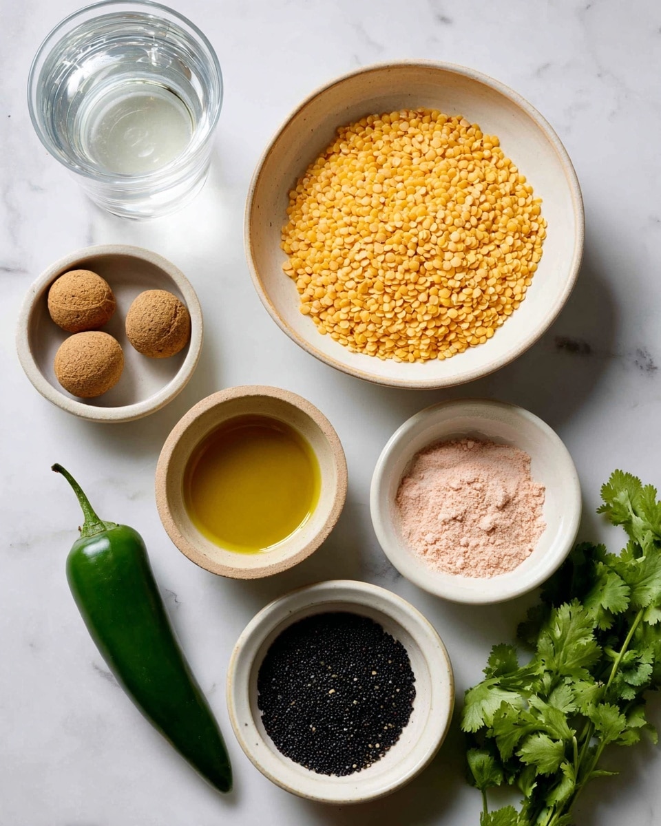 The image shows six small white bowls arranged on a white marbled surface. The largest bowl in the center holds yellow lentils with a smooth texture. To the left, a smaller white bowl contains two brown round items with a rough surface. Below it, another white bowl has a golden liquid that looks like oil. Next to it, a white bowl contains a pinkish powder. Above the golden liquid, a small white bowl has a black powder. On the right side below the lentils, a white bowl contains black pepper. A green chili pepper lies to the bottom left of the bowls, and a bunch of fresh green cilantro is placed in the bottom right corner. There is also a clear glass of water with slight reflections at the top left. The photo is taken with an iphone --ar 4:5 --v 7
