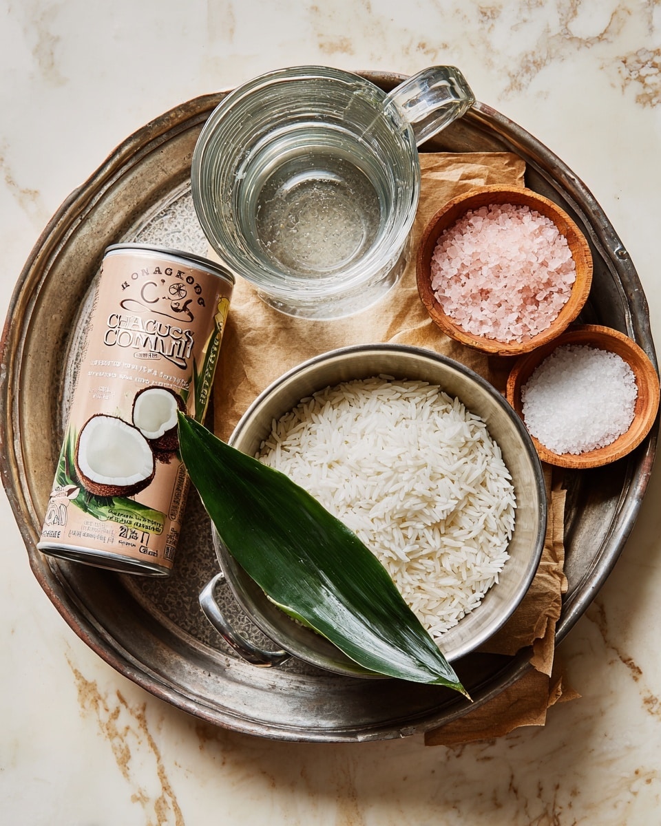 A silver tray holds six cooking items placed on light brown parchment paper over a white marbled texture surface: a can of Chaokoh coconut milk with brown and white packaging on the top left; a glass measuring cup filled with clear water below the can; a metal strainer filled with uncooked white rice, topped with a curled dark green leaf, positioned on the right side; two small wooden bowls at the top right, one filled with pink salt and the other with white granulated sugar; the strainer sits inside a matching silver bowl. Photo taken with an iphone --ar 4:5 --v 7
