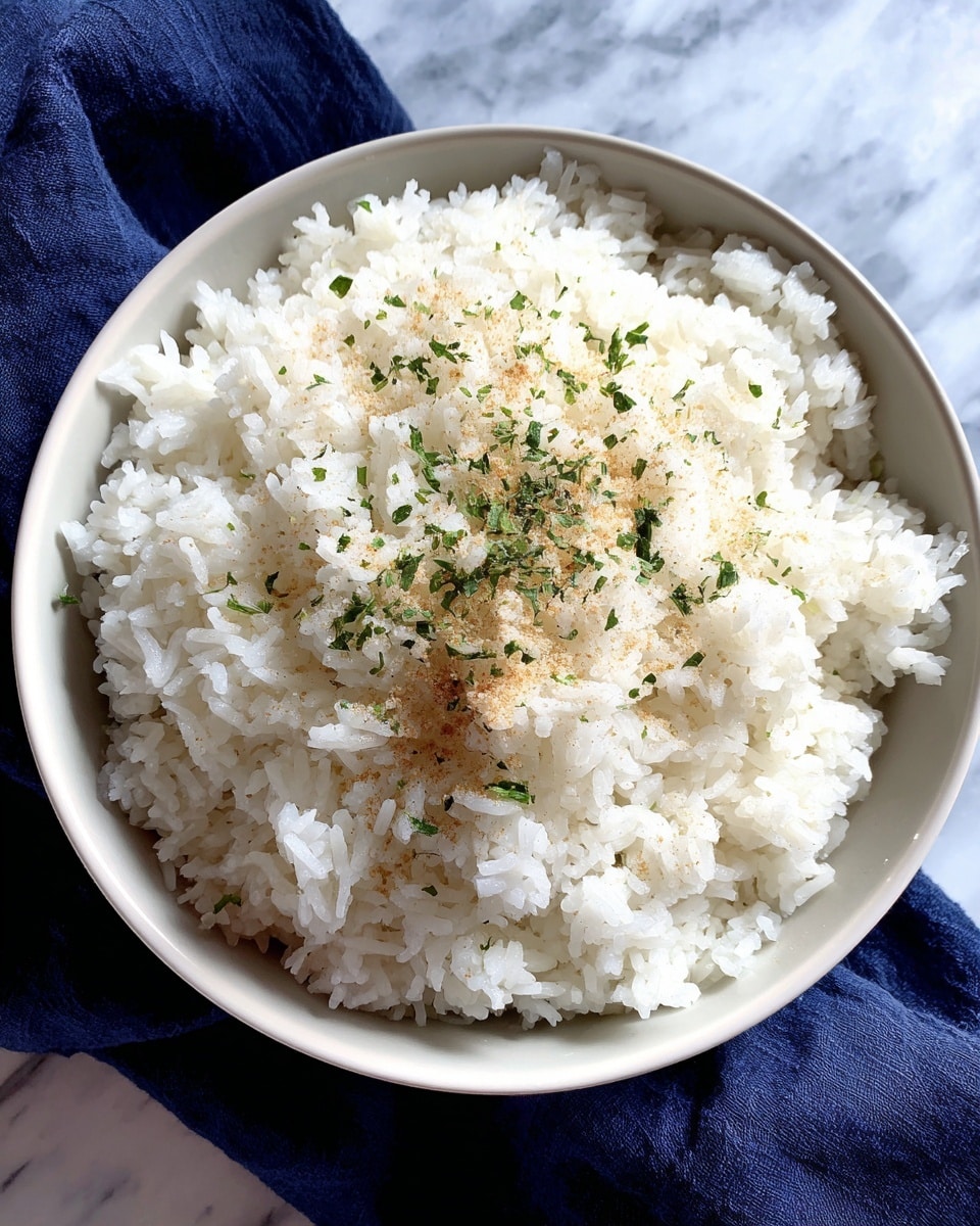 A bowl filled with a large amount of white rice that looks soft and fluffy. The rice is topped with small green herb pieces and a light sprinkling of brownish powder. The bowl is white and rests on a white marbled surface with a dark blue cloth nearby. The image is bright and clear with a close view from above. Photo taken with an iphone --ar 4:5 --v 7