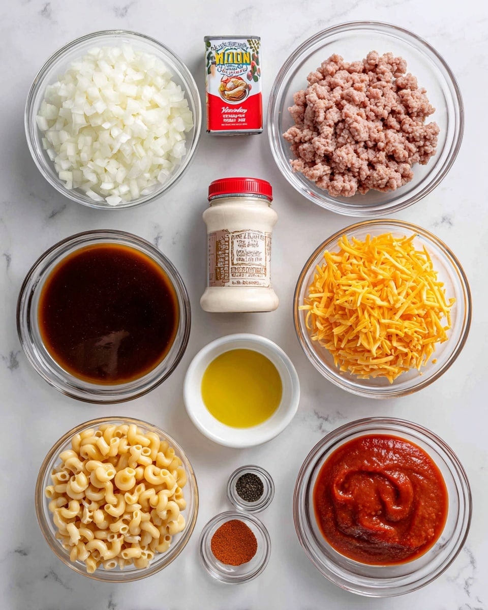 The image shows nine clear glass bowls and white containers arranged neatly on a white marbled surface, each holding different cooking ingredients. There are finely chopped white onions in one bowl, shredded orange-yellow cheese filling another, and cooked ground meat with a pinkish tone in a third bowl. A clear glass bowl contains a dark brown sauce with a smooth, liquid texture. Another small bowl holds a bright yellow liquid, likely oil, while a small mixing bowl contains several powdered spices in red, black, and beige shades. A bottle of heavy whipping cream with a red and white label stands next to a box of small elbow macaroni in white packaging with green and yellow text. Lastly, a red can of tomato sauce is present, completing the set of ingredients, all arranged with a clean and organized look. Photo taken with an iphone --ar 4:5 --v 7