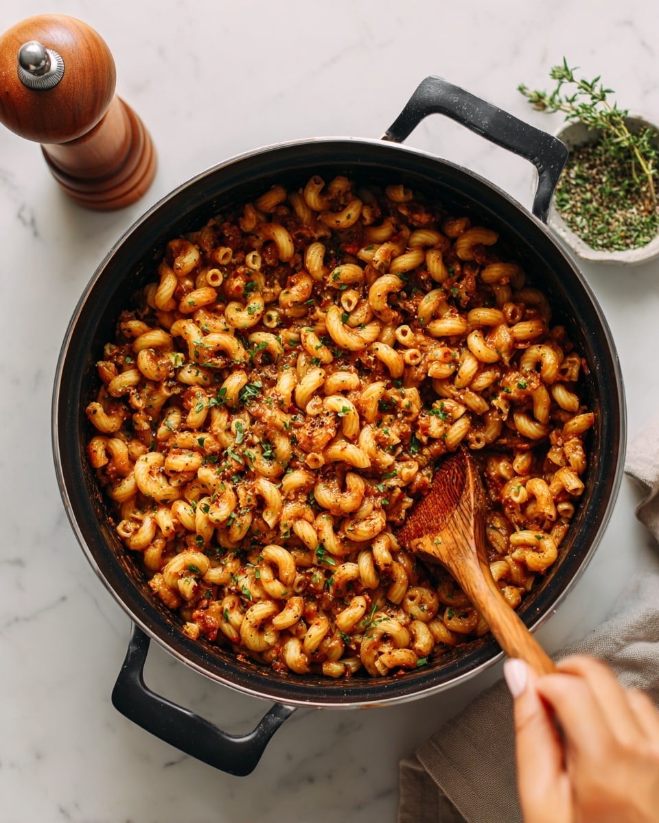 The image shows a black cooking pot filled with elbow macaroni pasta cooked in a thick, brownish-red sauce with small chunks and garnished with green herbs scattered on top. A wooden spoon is partially dipped into the pasta, held by a woman's hand on the right side. The pot is placed on a white marbled surface, with a pepper grinder and a green herb sprig visible in the background. Photo taken with an iphone --ar 4:5 --v 7