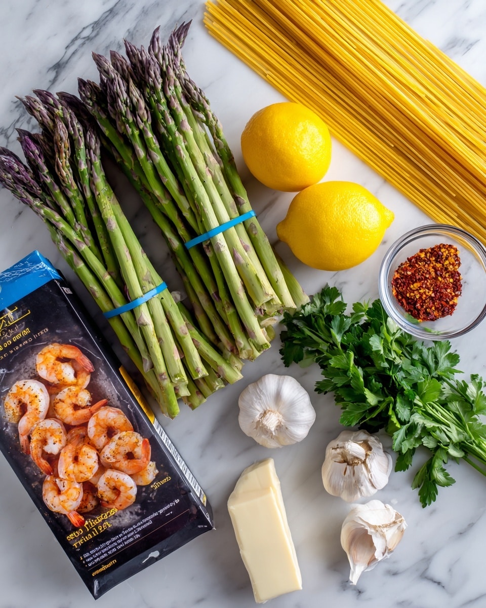 The image shows fresh ingredients arranged on a white marbled surface for making shrimp pasta. On the left, there are two bundles of green asparagus with purple tips, held together by blue bands. Next to the asparagus is a black package with images of grilled shrimp in orange and pink shades. To the right, there are two bright yellow lemons and a bunch of fresh green parsley. Below the parsley, a white stick of butter is placed beside three garlic cloves that are light beige with purple streaks. Next to the garlic, a small clear glass bowl contains red spice flakes. At the top right, a blue box of spaghetti with yellow pasta visible through a clear window is placed horizontally. The arrangement is clean and colorful. photo taken with an iphone --ar 4:5 --v 7