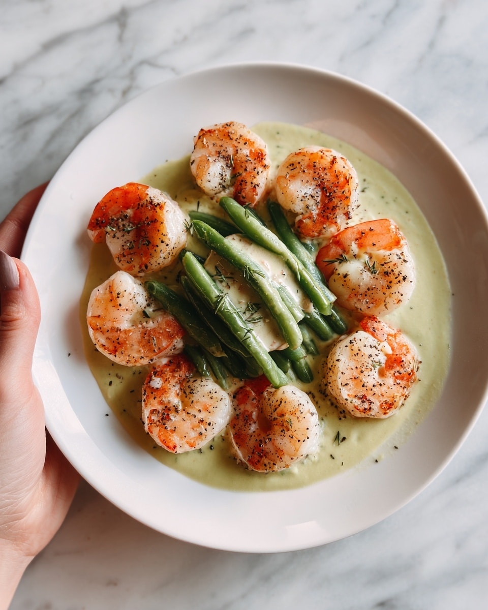The dish shows a white plate on a white marbled surface. It has a circle of eight cooked shrimp with a light reddish-orange color, arranged evenly around the edge of the plate. In the center, there are green beans stacked neatly with a light green creamy sauce on top. The shrimp have some black pepper or seasoning sprinkled on them, giving a slight texture. A woman's hand is holding the edge of the plate from the left side. Photo taken with an iphone --ar 4:5 --v 7