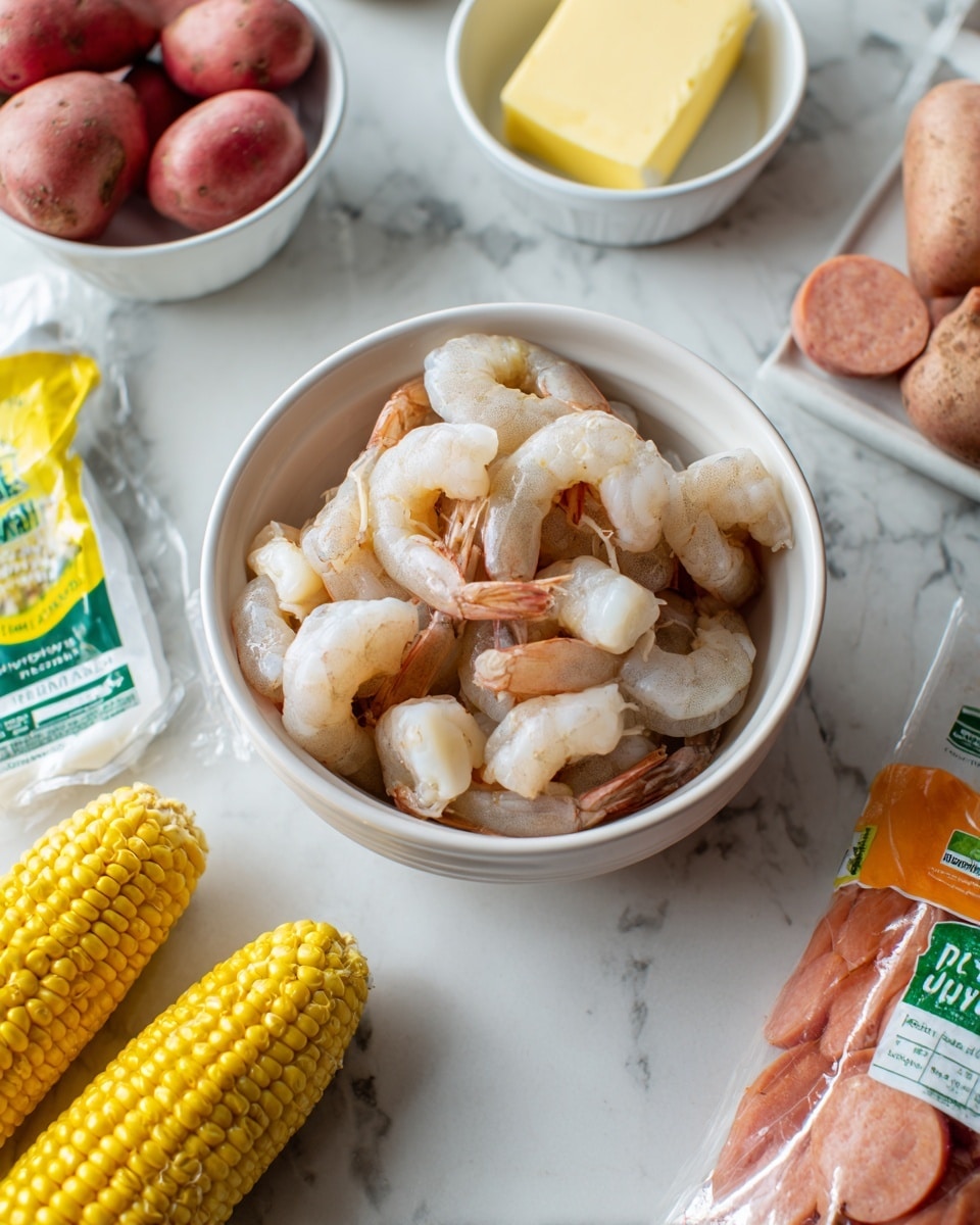 The image shows raw shrimp in a white bowl with light gray shells and pinkish-white flesh. The bowl sits on a white marbled surface surrounded by bright yellow corn cobs, a block of yellow butter, a white bowl filled with small red potatoes, a green seasoning packet, and an orange package of smoked sausage. The shrimp are piled loosely with a smooth, slightly wet texture. photo taken with an iphone --ar 4:5 --v 7