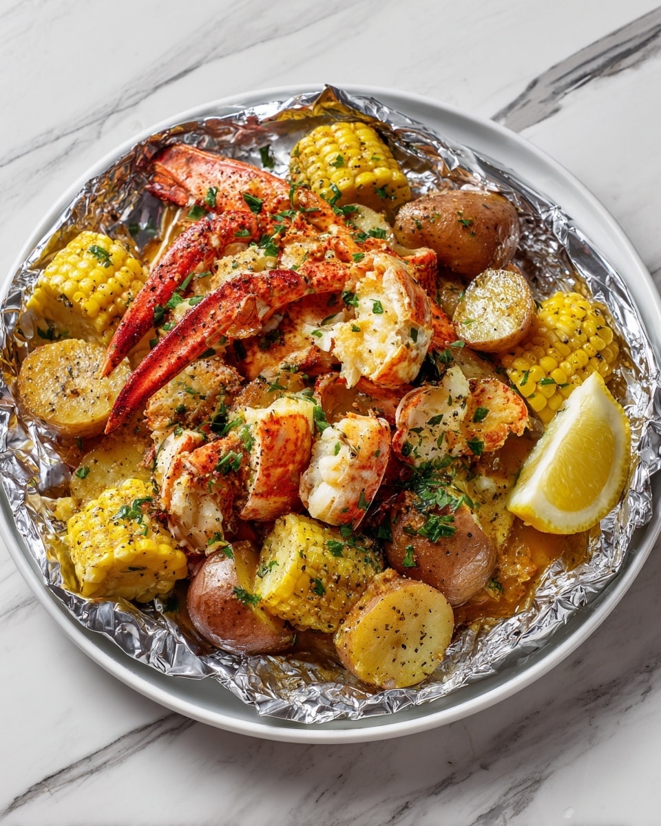 The dish shows a white plate covered with crinkled foil holding a mix of seafood and vegetables. There are several pieces of light pink lobster claws and tails with a textured shell, scattered throughout. Golden yellow corn on the cob pieces, cut into smaller sections, are placed around the edges. In the center and spread out, there are small, round potatoes with a light brown skin, some speckled with green herbs. On the right side, a bright yellow lemon wedge sits near the food, adding contrast. The food is sprinkled with green herbs and black pepper. The background is a white marbled surface. photo taken with an iphone --ar 4:5 --v 7