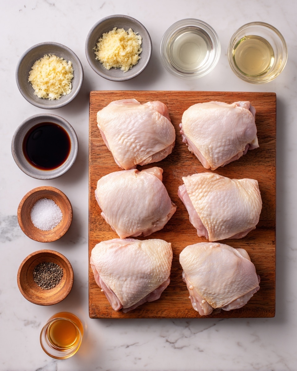 The image shows eight raw chicken thighs with skin on, arranged in two rows of four on a wooden cutting board placed on a white marbled surface. To the left of the board are six small bowls and a small glass cup neatly placed in rows. The top row has two grey bowls with grated ginger in the left bowl and a dark soy sauce in the right bowl. The second row contains a grey bowl with minced garlic on the left and a bowl with a light brown liquid, likely honey, on the right. At the bottom left are two small wooden bowls with white salt on the left and black pepper on the right. Next to these bowls is a small glass cup with a clear liquid, possibly vinegar. The layout is clean and organized, showing the ingredients needed to prepare a seasoned chicken dish. photo taken with an iphone --ar 4:5 --v 7
