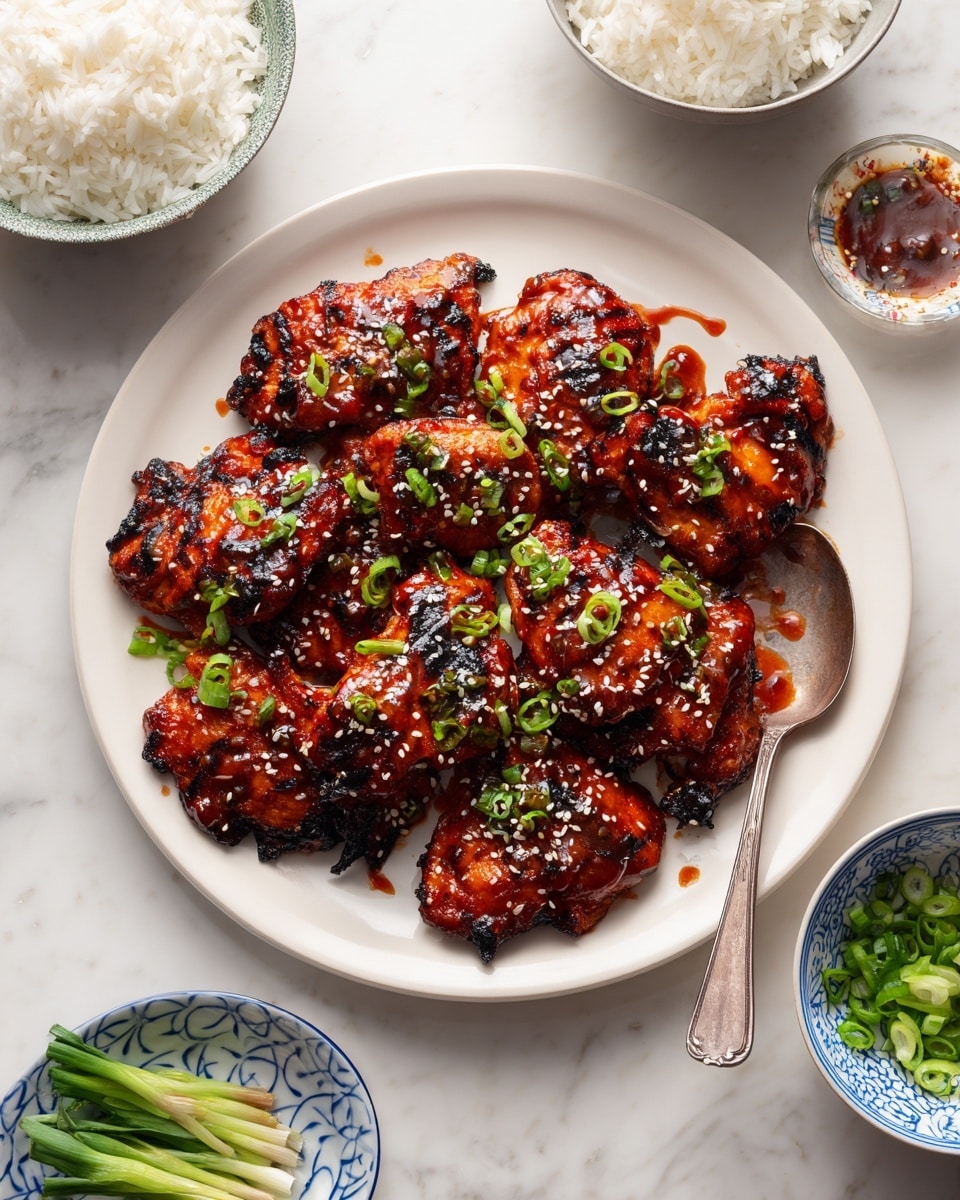 A white plate with around ten grilled chicken pieces covered in shiny, dark reddish-brown sauce showing some charred spots. The chicken is topped with white sesame seeds and green onion slices scattered evenly. A metal spoon with sauce rests on the plate's right side, partially on the chicken. Around the plate, white rice in white bowls and a blue-patterned bowl with green onion slices sit on a white marbled surface. photo taken with an iphone --ar 4:5 --v 7