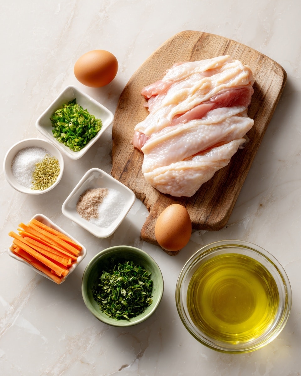 A white marbled surface holds a wooden cutting board with a large raw chicken fillet at the center. Around the board, there are small square and round white bowls containing various ingredients: green chopped herbs, long thin orange carrot sticks, white cream or sauce, a light brown powder, white granulated salt, and a raw brown egg resting in a green bowl. At the bottom, there is a large glass bowl filled with a clear yellow liquid. The scene is calm and neatly arranged in a light setting. Photo taken with an iphone --ar 4:5 --v 7
