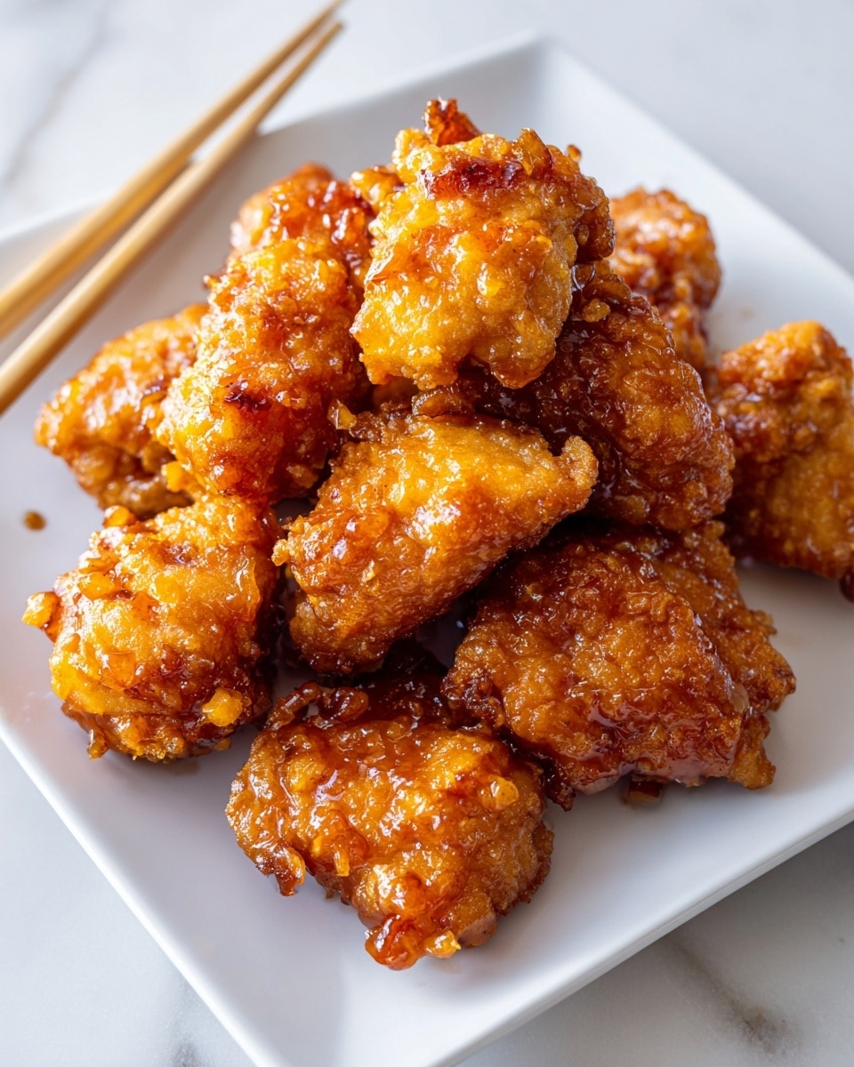 A white square plate holds several pieces of golden-brown crispy fried chicken, each piece coated in a shiny, sticky glaze that looks sweet and slightly thick. The chicken pieces are piled casually on the plate, showing a rough, crunchy texture with small crispy bits visible on the surface. Next to the plate rest a pair of light wooden chopsticks positioned diagonally, adding to the presentation. The plate sits on a white marbled surface, creating a clean and bright background. photo taken with an iphone --ar 4:5 --v 7