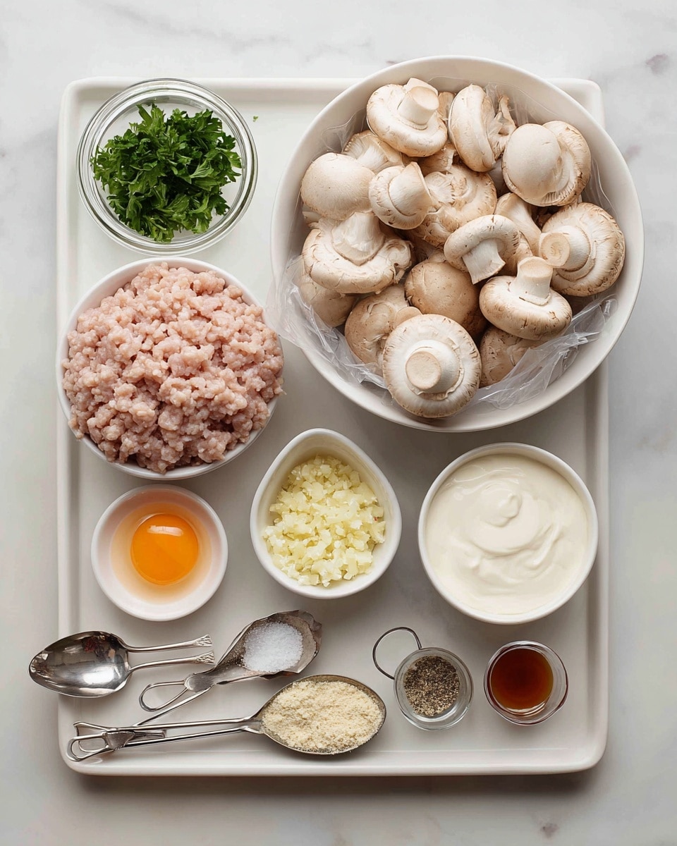 A white tray of raw ground chicken is placed near the center, showing pale pink meat with a tightly packed texture inside clear plastic wrapping. Above it, a large white bowl is filled with whole and sliced brown mushrooms, showing their smooth light brown caps and white stems. To the left, a small glass jar holds fresh green chopped parsley leaves. Below the jar is a white bowl filled with smooth, thick sour cream. An egg with a matte orange shell sits on the left side, slightly below the sour cream. On the right side, a small white bowl holds finely chopped pale yellow garlic, white salt, and black pepper, all divided into sections. Below the main ingredients, metal measuring spoons show a crumbly light yellow powder, a finer light beige powder, a white powder, a golden liquid, and a reddish-brown liquid. All items rest on a white marbled surface. Photo taken with an iphone --ar 4:5 --v 7