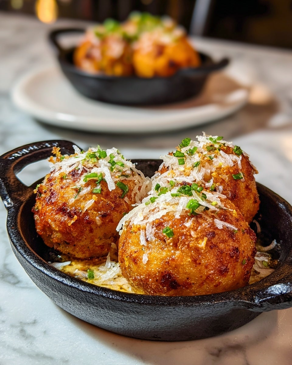 The image shows a small black cast iron dish with three golden-brown baked balls covered lightly with melted shredded white cheese and small green chopped herbs on top. The balls have a crispy outer texture and are thickly placed side by side in the dish. The dish is set on a white marbled surface with another similar dish blurred in the background. The photo taken with an iphone --ar 4:5 --v 7