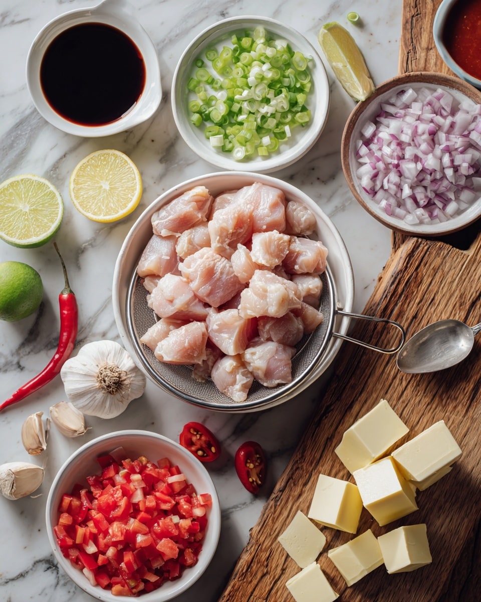 The image shows raw chicken pieces in a white bowl with a mesh strainer on a wooden surface. Around it are small white bowls holding chopped green onions, diced red tomatoes, and chopped red onions. On a wooden cutting board, there are cubes of butter next to small red chili peppers and a halved lime. There are also lemon halves, garlic cloves, a small bowl with red sauce, and another bowl with dark soy sauce and a spoon. The surface is changed to a white marbled texture. photo taken with an iphone --ar 4:5 --v 7