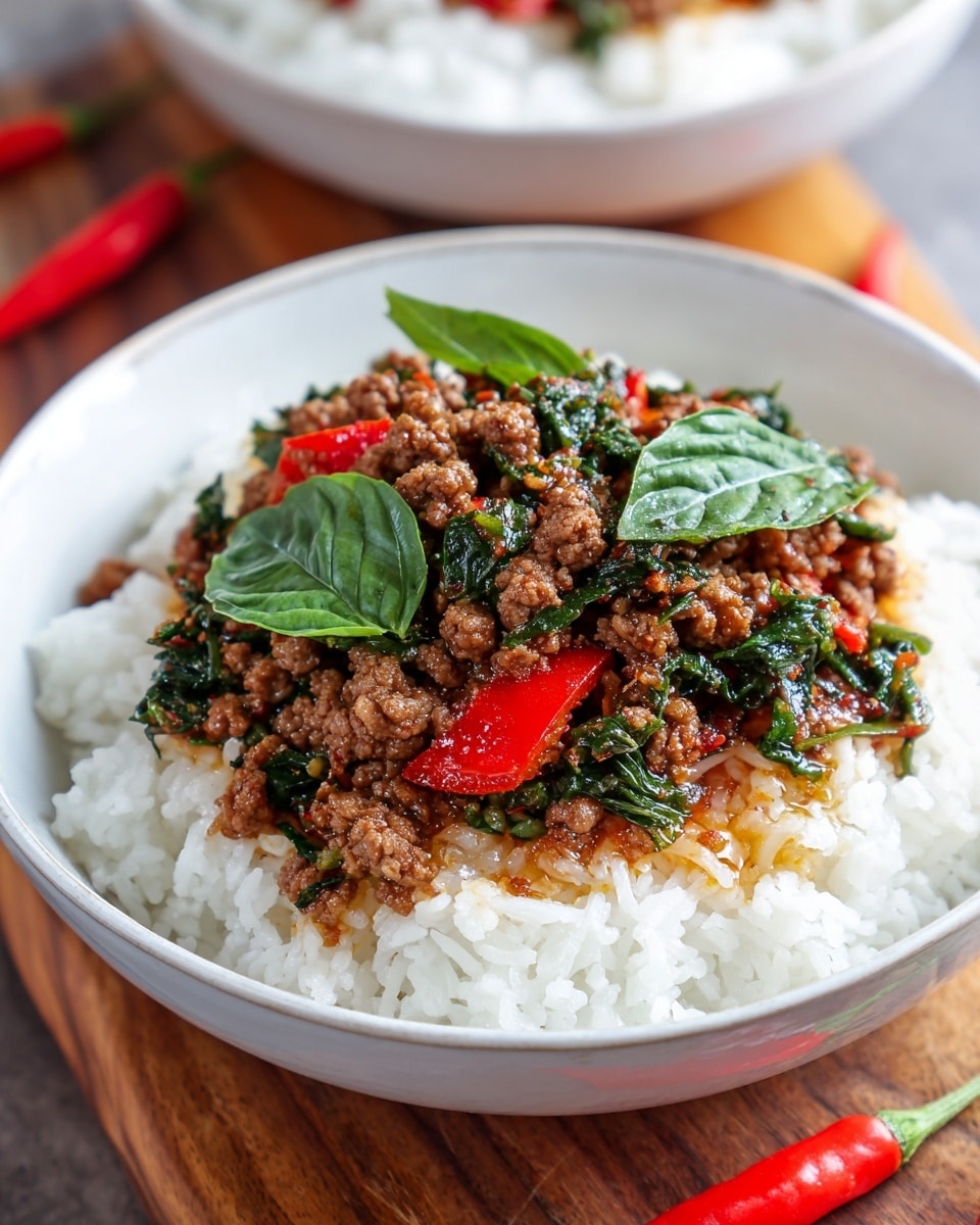 A white bowl filled with a dish that has three clear layers: the bottom layer is a bed of plain white rice, the middle layer includes bright green basil leaves scattered across, and the top layer is a mixture of brown ground meat and large pieces of red bell pepper, all cooked together with a slightly shiny texture from sauce. The bowl is placed on a wooden surface with another similar bowl blurred in the background. There are small red chili peppers lying near the bowl. Photo taken with an iphone --ar 4:5 --v 7