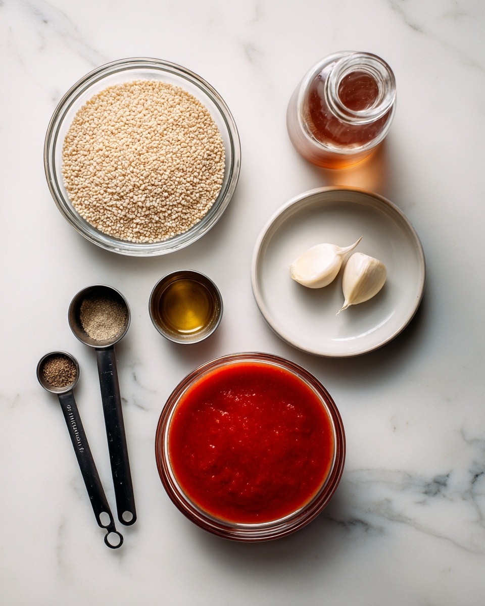 A clean top view of six cooking ingredients arranged on a white marbled surface: at the top left, a clear glass bowl filled with light brown grains, likely uncooked rice; to its right, a light brown liquid inside a glass bottle; below the bottle, a small white plate holding two smooth, pale garlic cloves; below the rice bowl, a small metal cup with a golden liquid; next to it to the left, two black measuring spoons stacked with a small amount of ground spice; and at the bottom center, a clear glass bowl filled with smooth, bright red tomato sauce. photo taken with an iphone --ar 4:5 --v 7