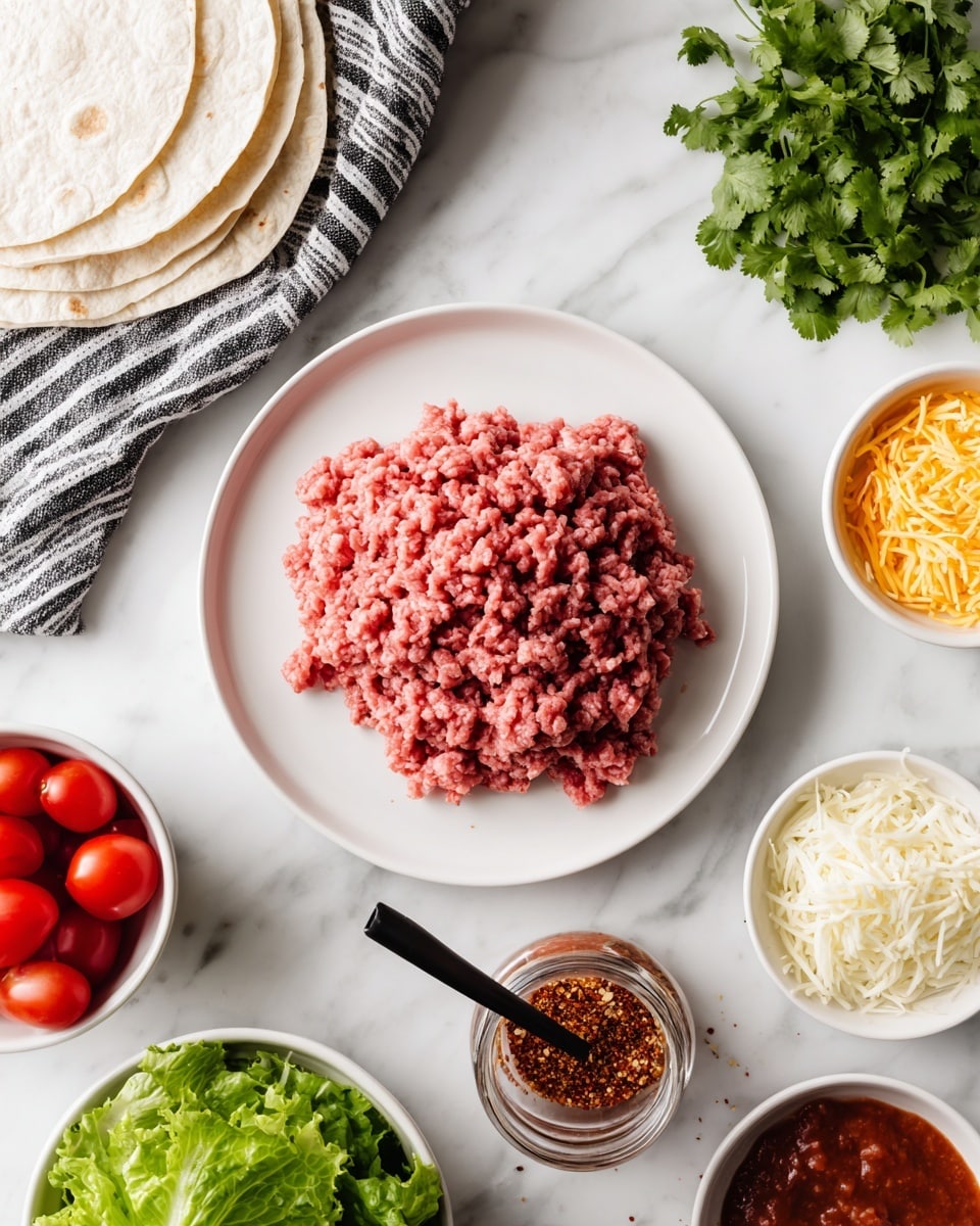 A white plate with a pile of raw pink ground meat sits in the center on a white marbled surface. Around the plate, there are several small white bowls filled with ingredients: fresh green leafy cilantro to the top right, shredded yellow and white cheese below the cilantro, bright red salsa in the top right corner, a small round open jar of reddish-brown seasoning with a black spoon sticking out below the salsa, a bowl of green leafy lettuce near the bottom center, and halved red cherry tomatoes in a bowl at the bottom left. To the left, there is a stack of white corn tortillas partially visible with a black and white striped cloth draped above them. photo taken with an iphone --ar 4:5 --v 7