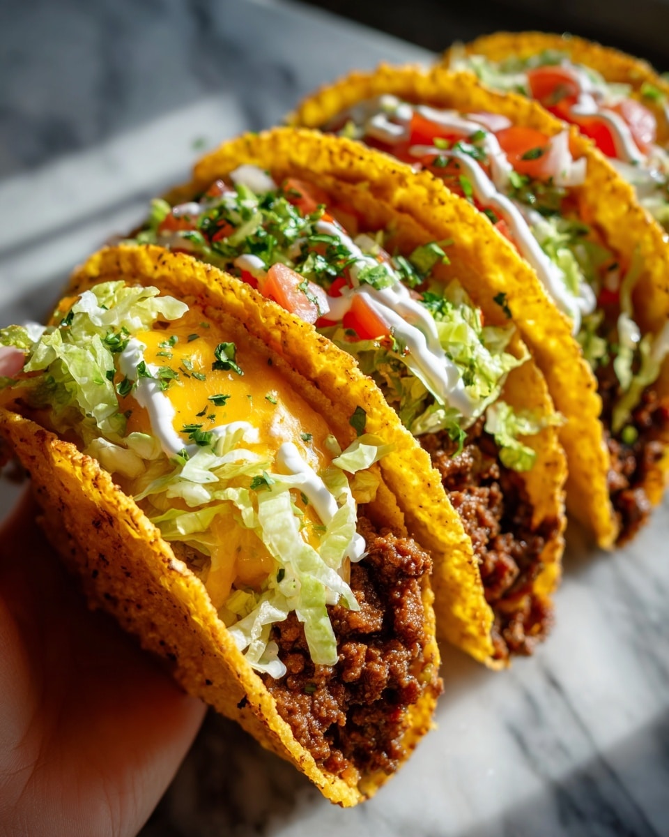 The image shows four tacos lined up side by side on a white marbled surface. Each taco shell is golden yellow and crunchy. The first three tacos have a layer of cooked ground beef mixed with melted cheese that is creamy and slightly browned on top, garnished with small bits of green herbs. The last taco is filled with shredded light green lettuce, diced red tomatoes, and a drizzle of white sauce, also sprinkled with small green herbs. A woman's hand is holding the last taco from the top left corner. The overall scene has bright, natural lighting and is captured in a close-up view. photo taken with an iphone --ar 4:5 --v 7