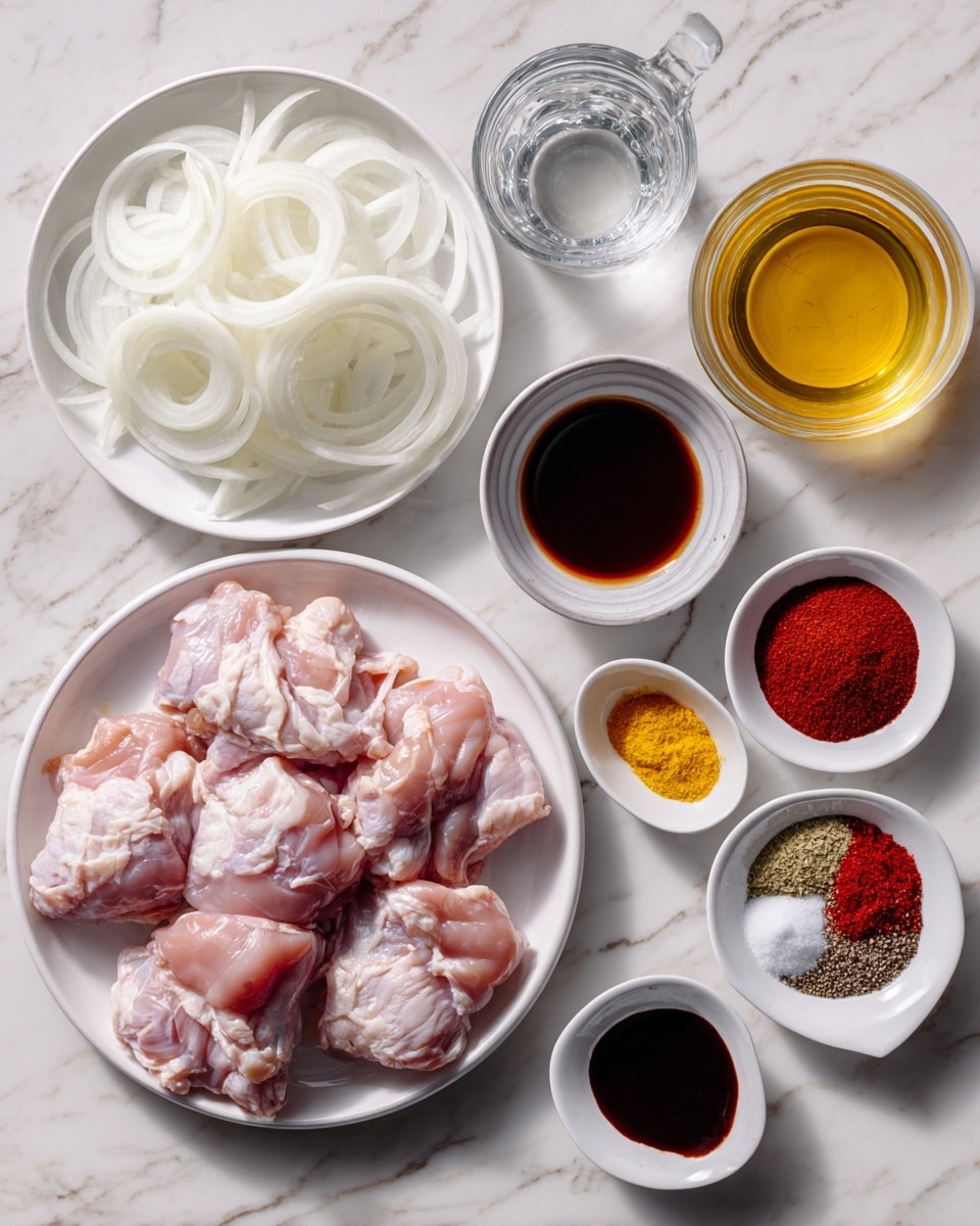 A flat lay showing various cooking ingredients arranged neatly on a white marbled surface, including a white plate filled with raw, pale pink chicken thighs placed at the bottom center, a white plate of thinly sliced white onions on the left, and smaller white bowls containing dark soy sauce, yellow mustard, brown sugar, an orange liquid like oil, red tomato paste, and a mix of colorful spices with red, white, black, and green tones in the center; a small glass jug with clear water is also positioned on the left side; all items are bright and clearly visible, photo taken with an iphone --ar 4:5 --v 7
