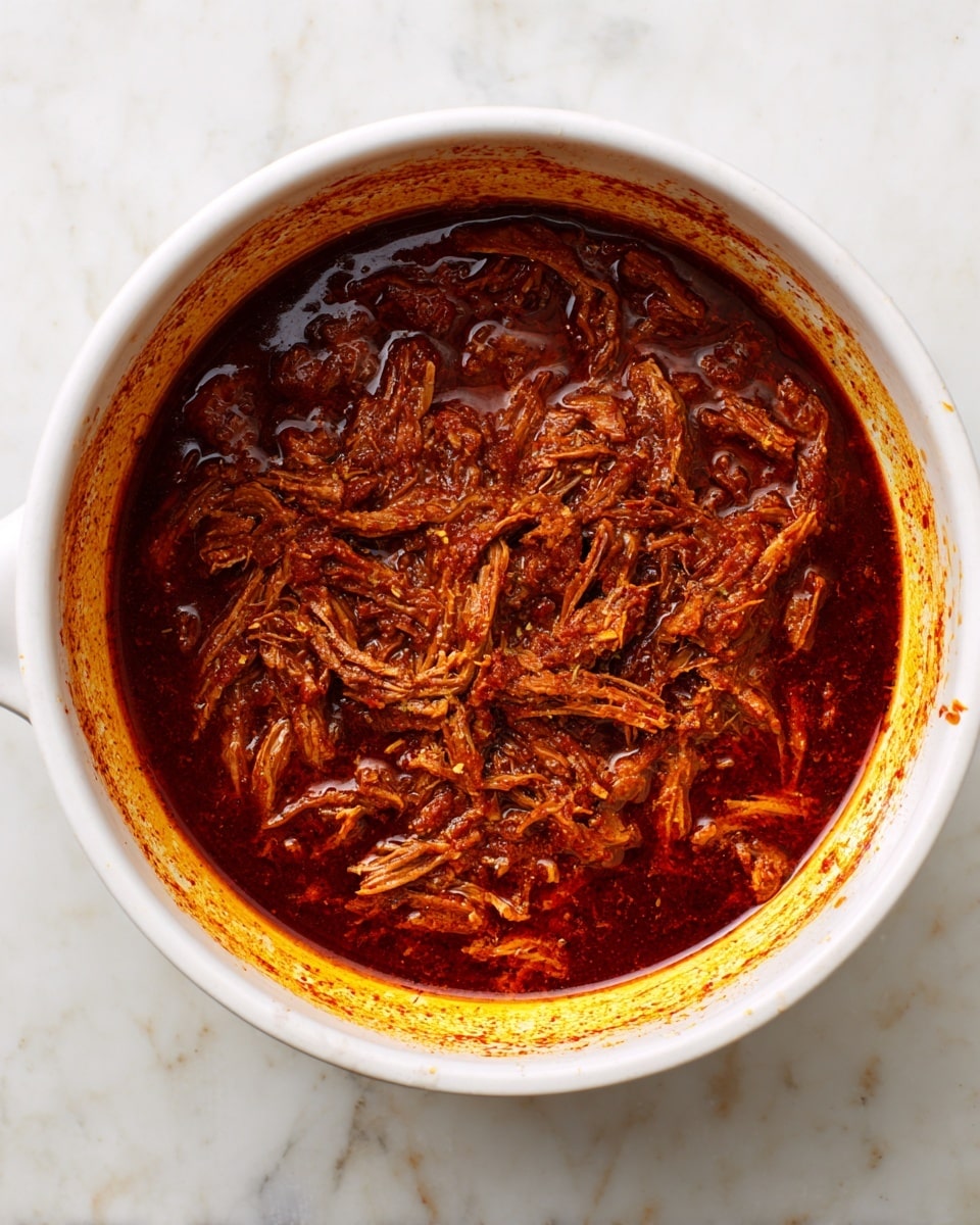 A white round pot filled with shredded brown meat soaked in a thick, dark brown sauce. The meat strands are scattered unevenly inside, with the sauce coating them richly. The pot sits on a white marbled surface, with sauce marks around the edges inside the pot showing it was stirred well. The overall look is warm and richly textured. photo taken with an iphone --ar 4:5 --v 7